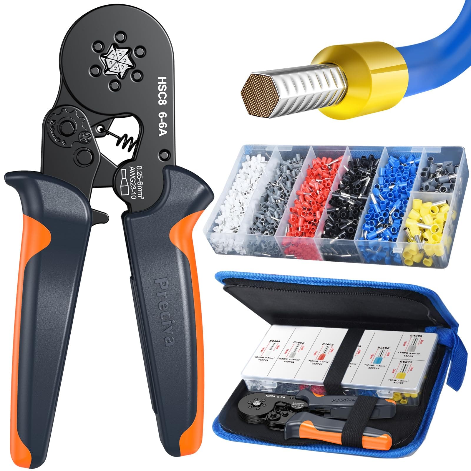 Ferrule Crimping Tool Kit with 1900PCS Wire Connectors, Hexagonal AWG23-10 Sawtooth Self-Adjustable Ratchet Wire Terminals Crimper Kit