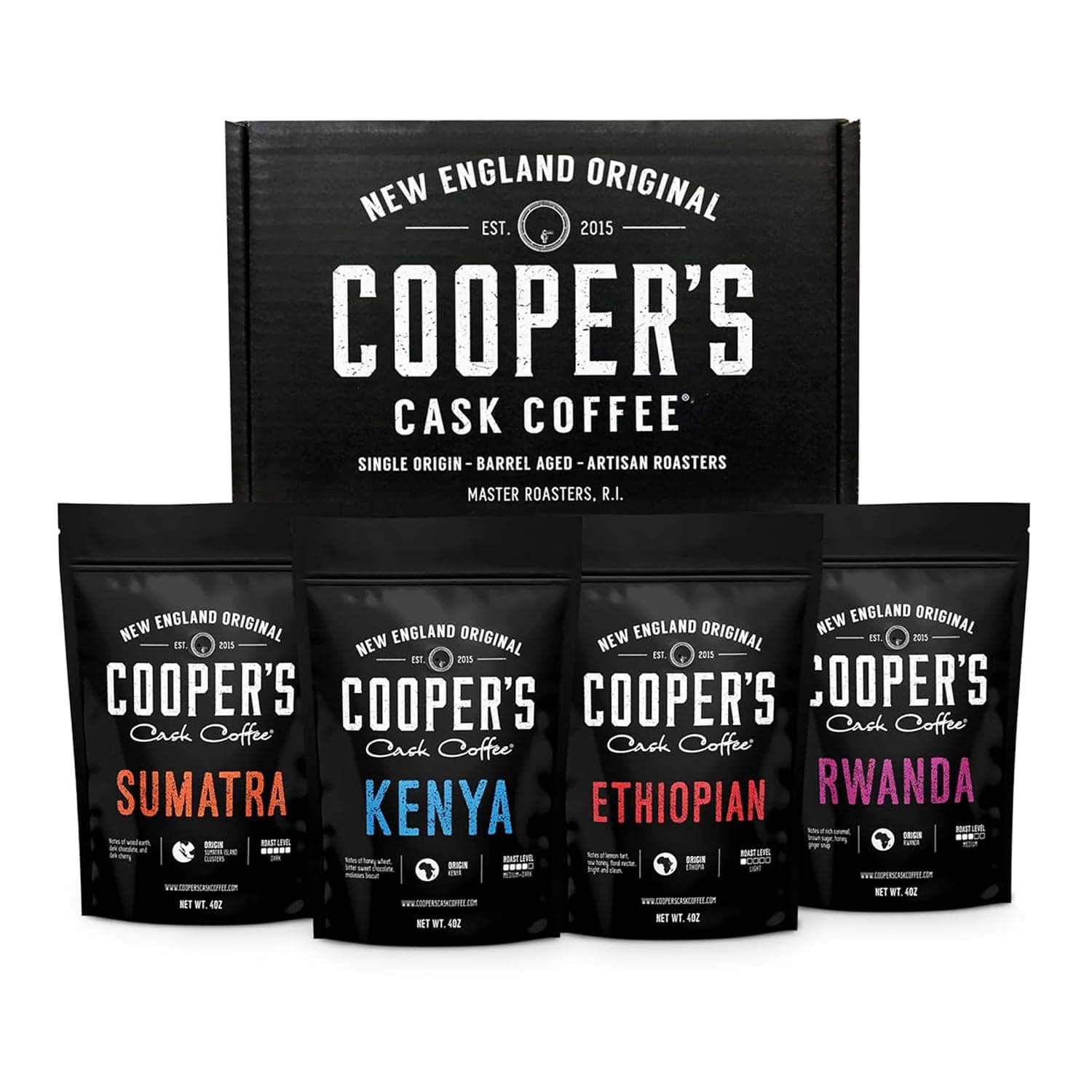 Cooper's Cask Coffee Gourmet Sampler Gift Box Set | Ground 4 bags | 1lb Total | Single Origin Organic Sumatra Dark, Kenya AA Medium-Dark, Rwanda Medium, Ethiopian Medium-Light,1lb Total