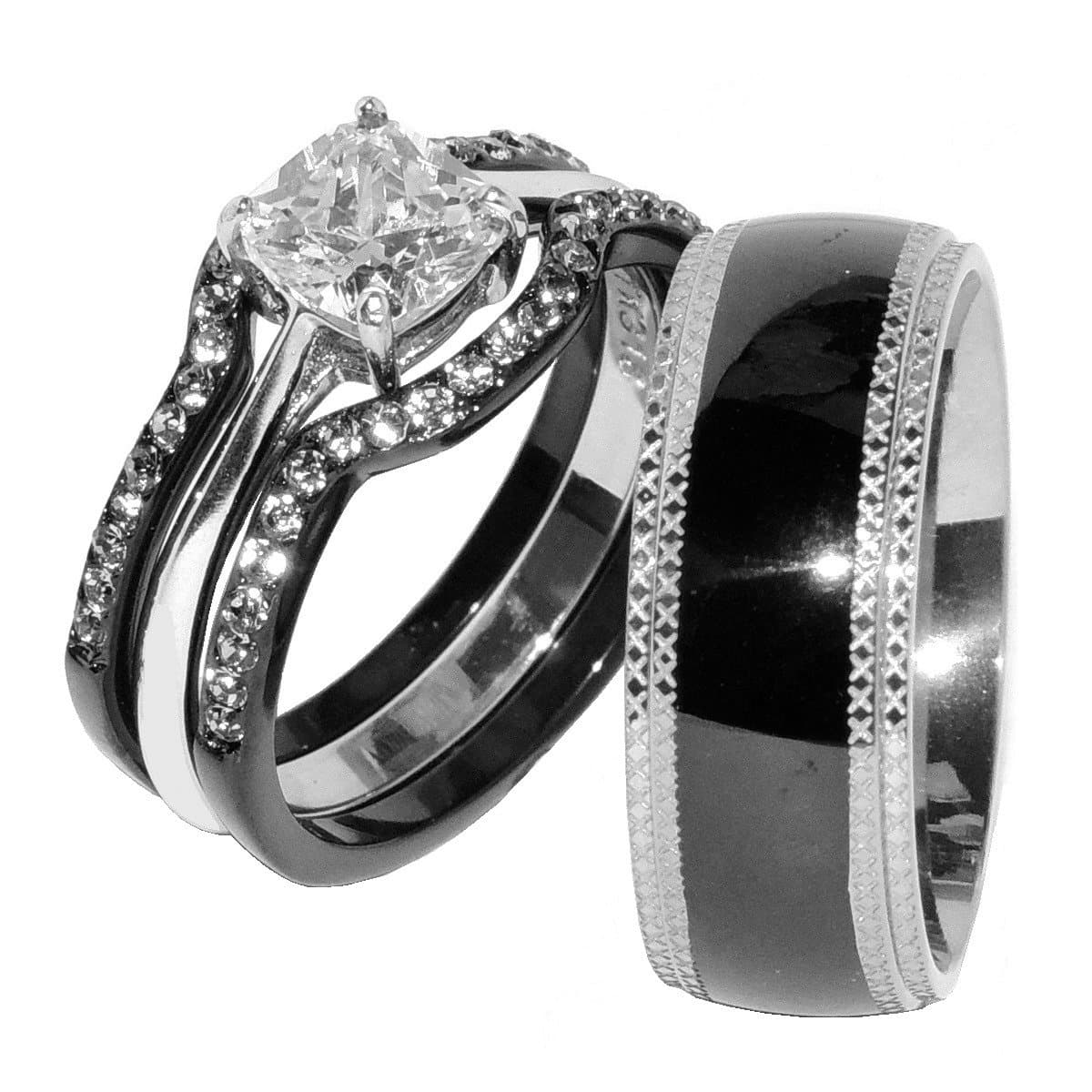 His & Hers 4 PCS Black IP Stainless Steel CZ Wedding Ring Set/Mens Matching Band