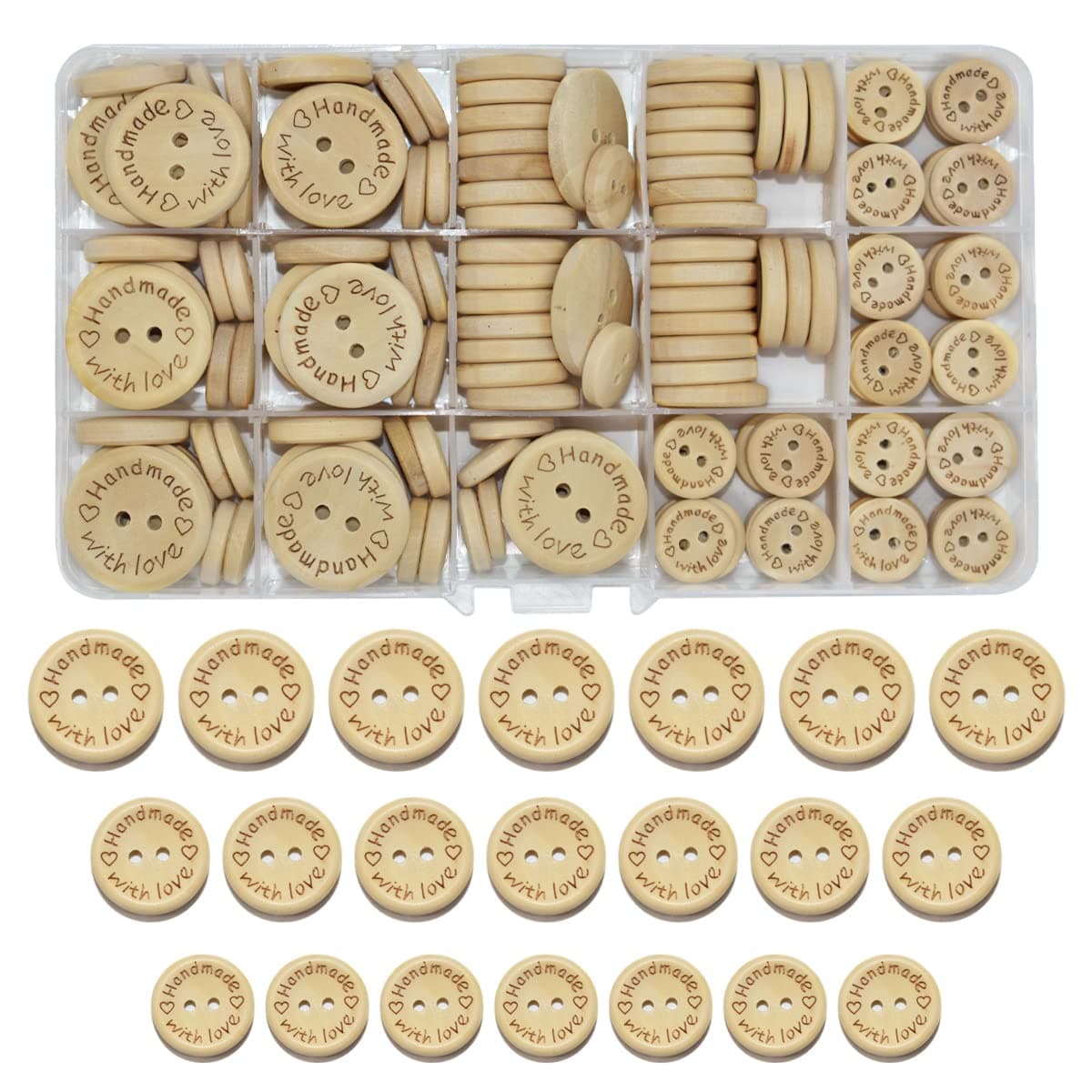 150PCs Craft Sewing Button 2 Holes Handmade with Love Round Wooden Buttons for Scrapbooking and Sewing DIY Craft (15mm/ 20mm/ 25mm)
