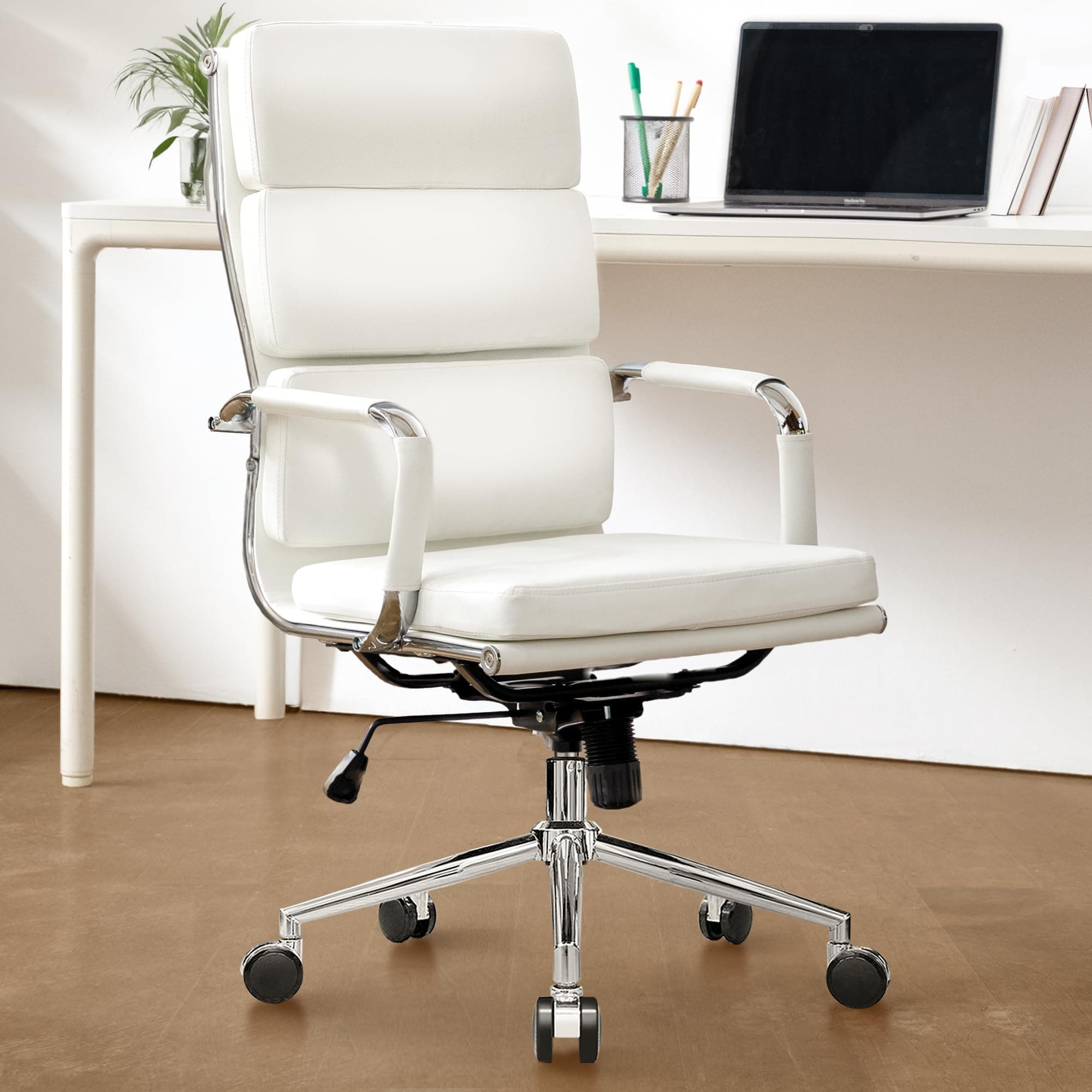 Office Desk Ergonomic Chair Leather Executive High-Back Modern Conference Comfy Adjustable Padded Swivel Rolling Home Vanity Chairs with Arms Wheels (White)