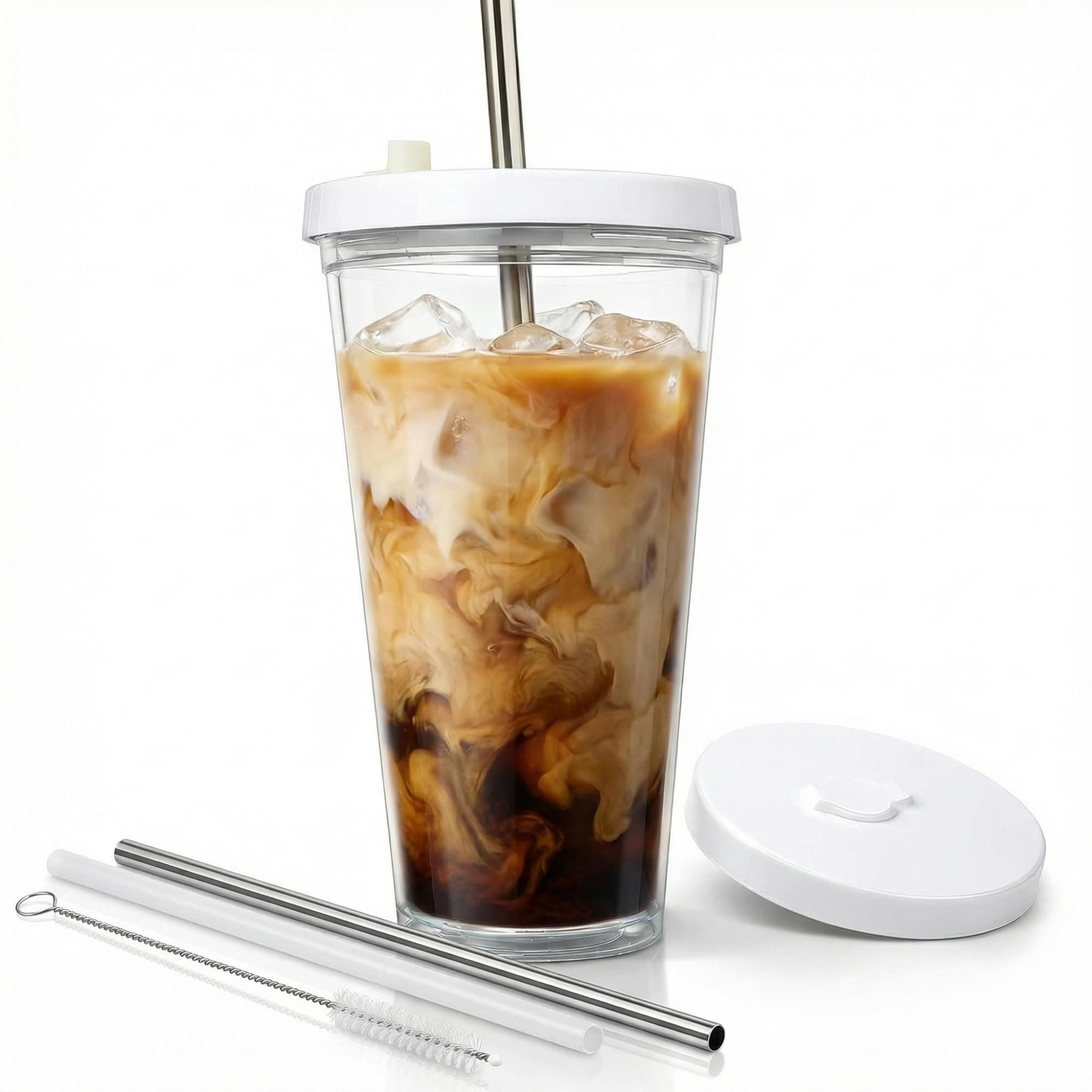 Reusable Iced Coffee Cup (24 Oz/Venti), Leak Proof and Double Wall Insulated Iced Coffee Tumbler, Come with Reusable Plastic and Metal Straws and Straw Cleaner - White