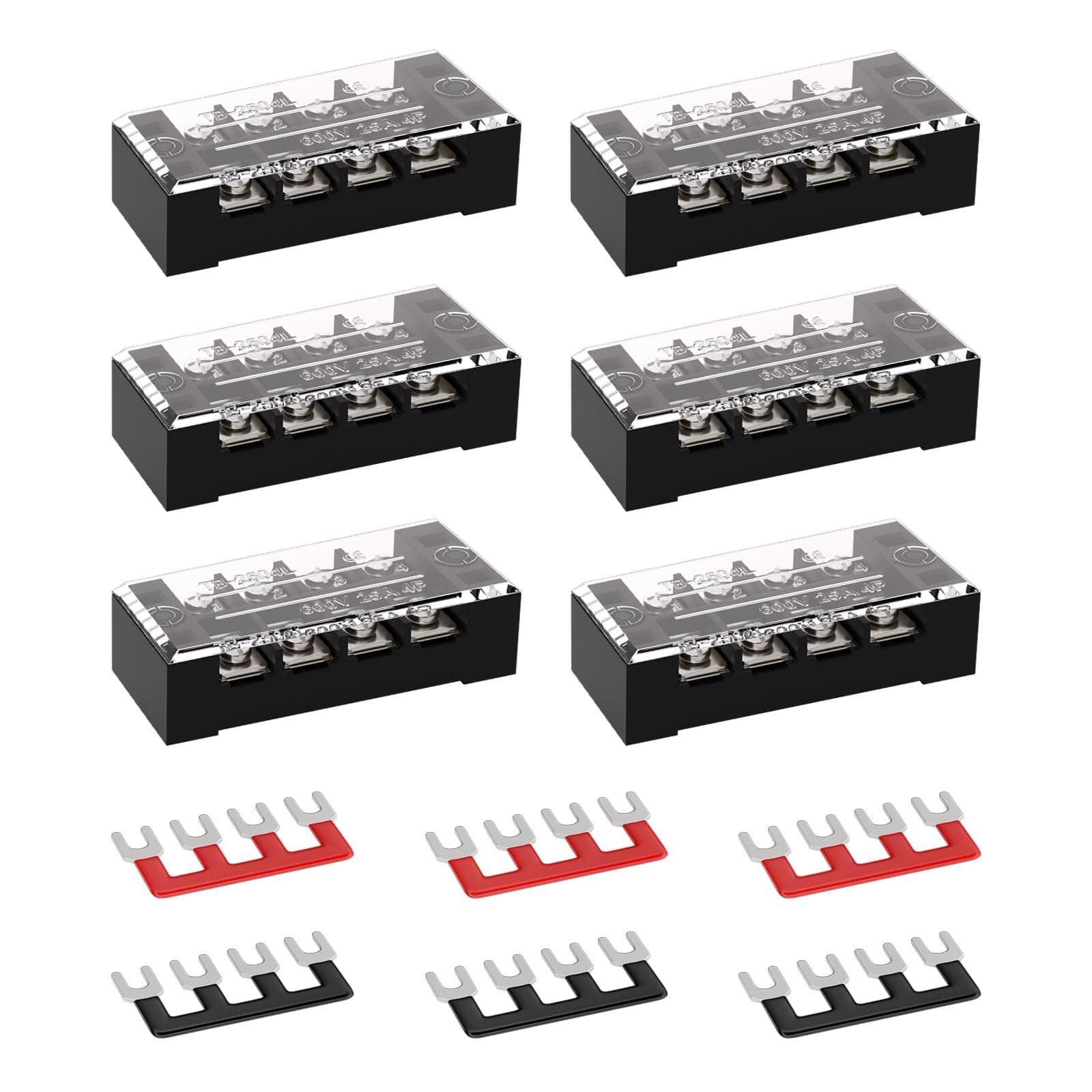 APIELE 25A Screw Terminal Block Covered 4 Position Dual Row 4 Position Pre-Insulated Terminal Barrier Strip (6PCS 25A 4P+ 6PCS Wiring Strips)