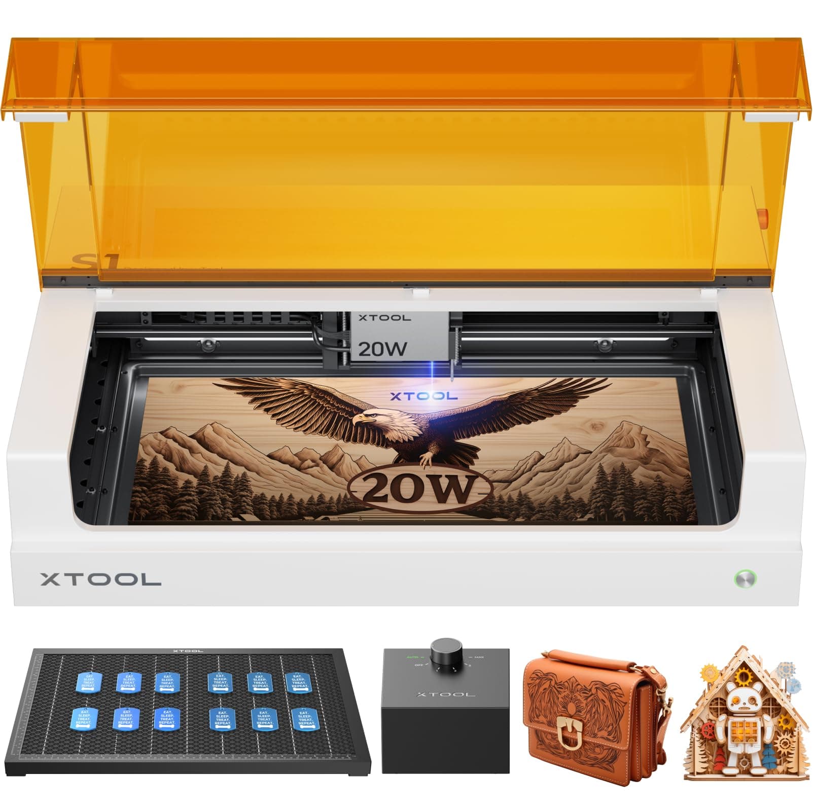 xTool S1 20W Laser Engraver and Cutter Machine with Air Assist & Honeycomb, 23.93" x 15.16" Bed Size, Beginner-Friendly, Laser Engravering Machine for Wood and Metal, Acrylic, etc. - Basic Bundle