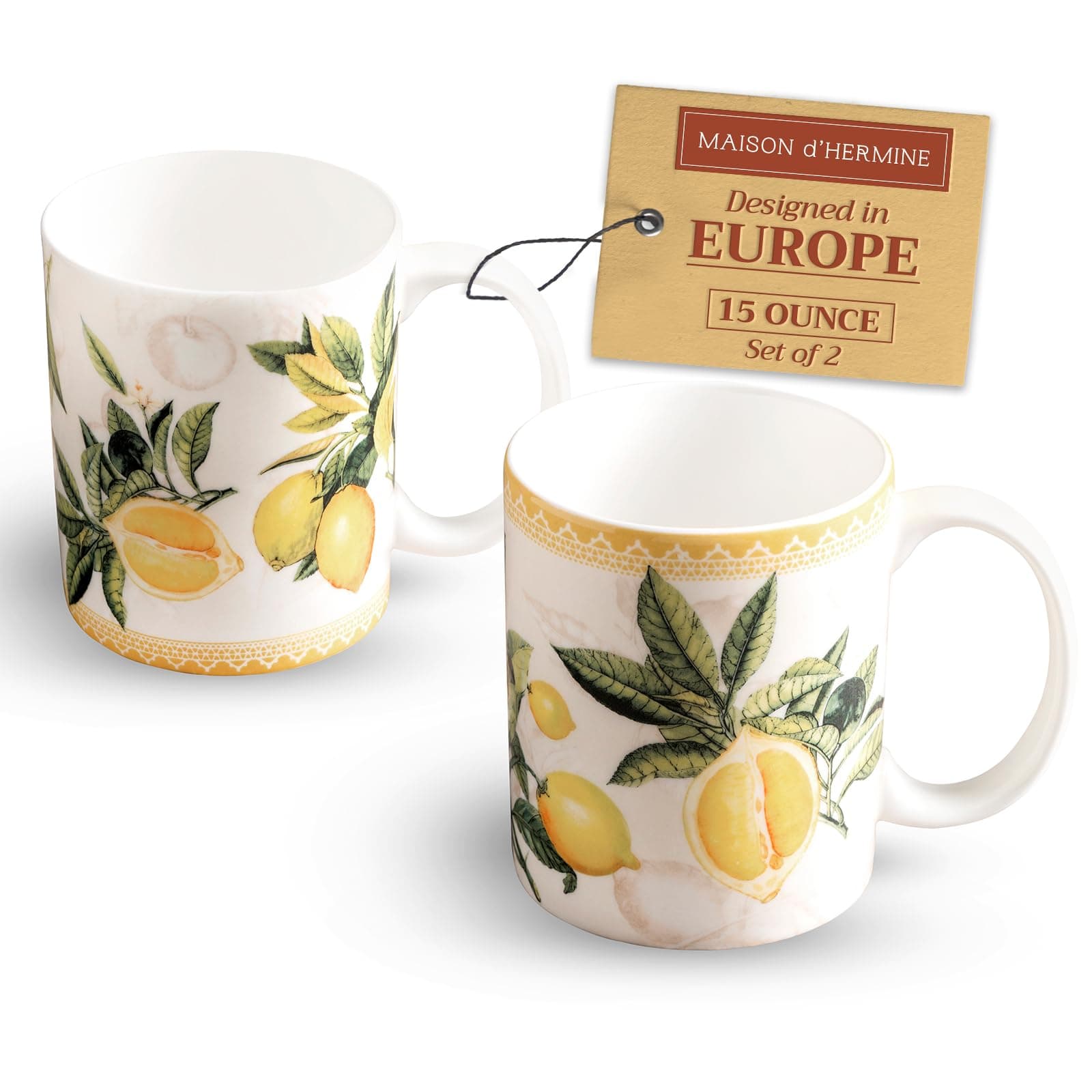 Maison d' Hermine Coffee Mug with Handles Fine Bone China Mugs Pack of Two Tea Cups for Hot Beverages Cappuccino Latte Home Restaurant Office Easter Gifts (Limoncello - Pack of 2, 15 Ounce)