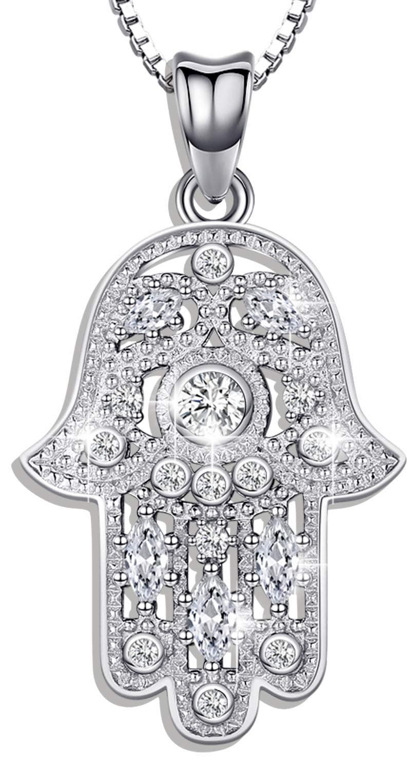 925 Sterling Silver Hamsa Hand of Fatima Evil Eye Jewelry for Women With Cubic Zirconia - Comes With Black Gift Jewelry Box