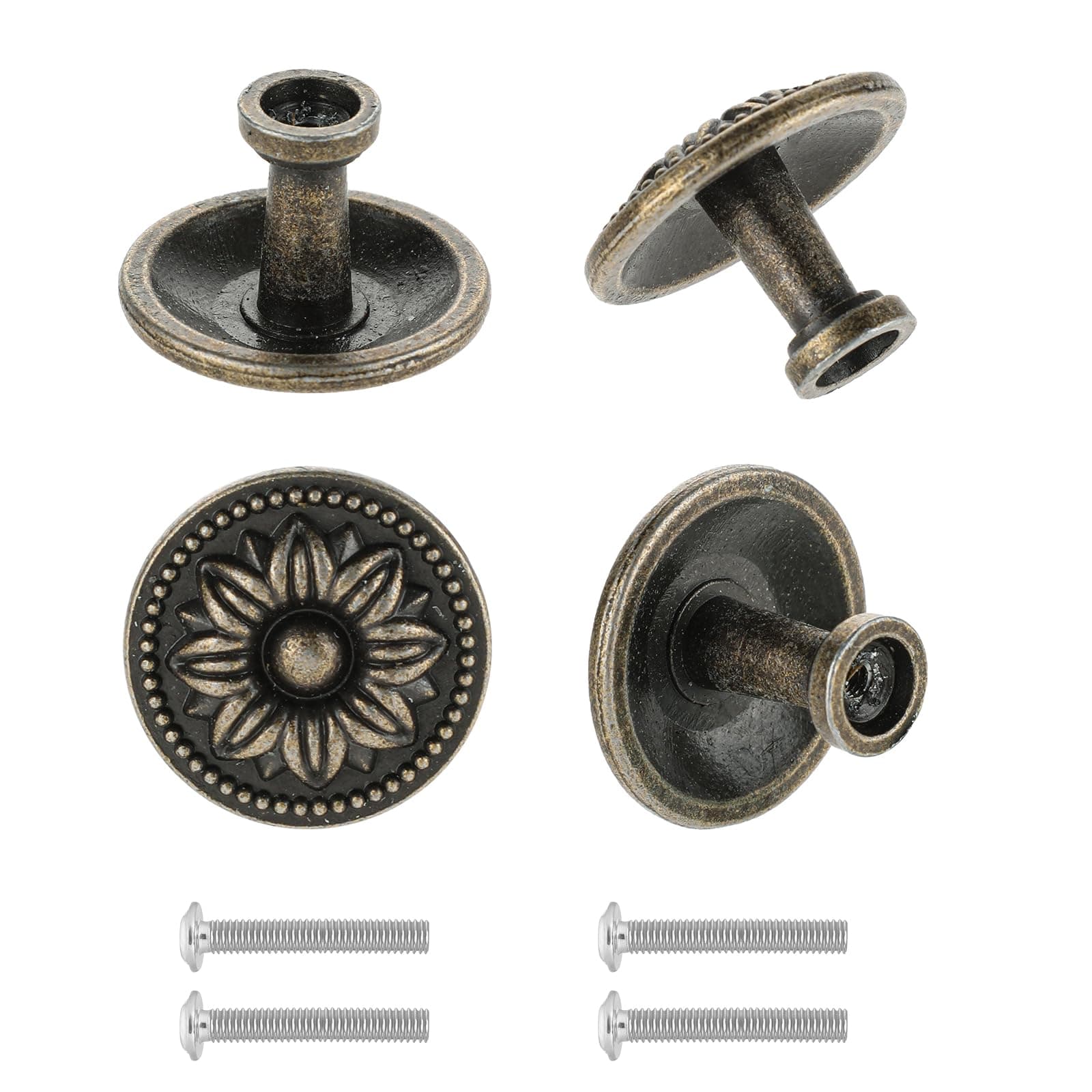 Mozeat Lens 4 Pack Antique Brass Cabinet Knobs Vintage Cabinet Handles Cupboard Handles Retro Bronze Flower Drawer Pull Knobs Furniture Hardware 30mm Diameter