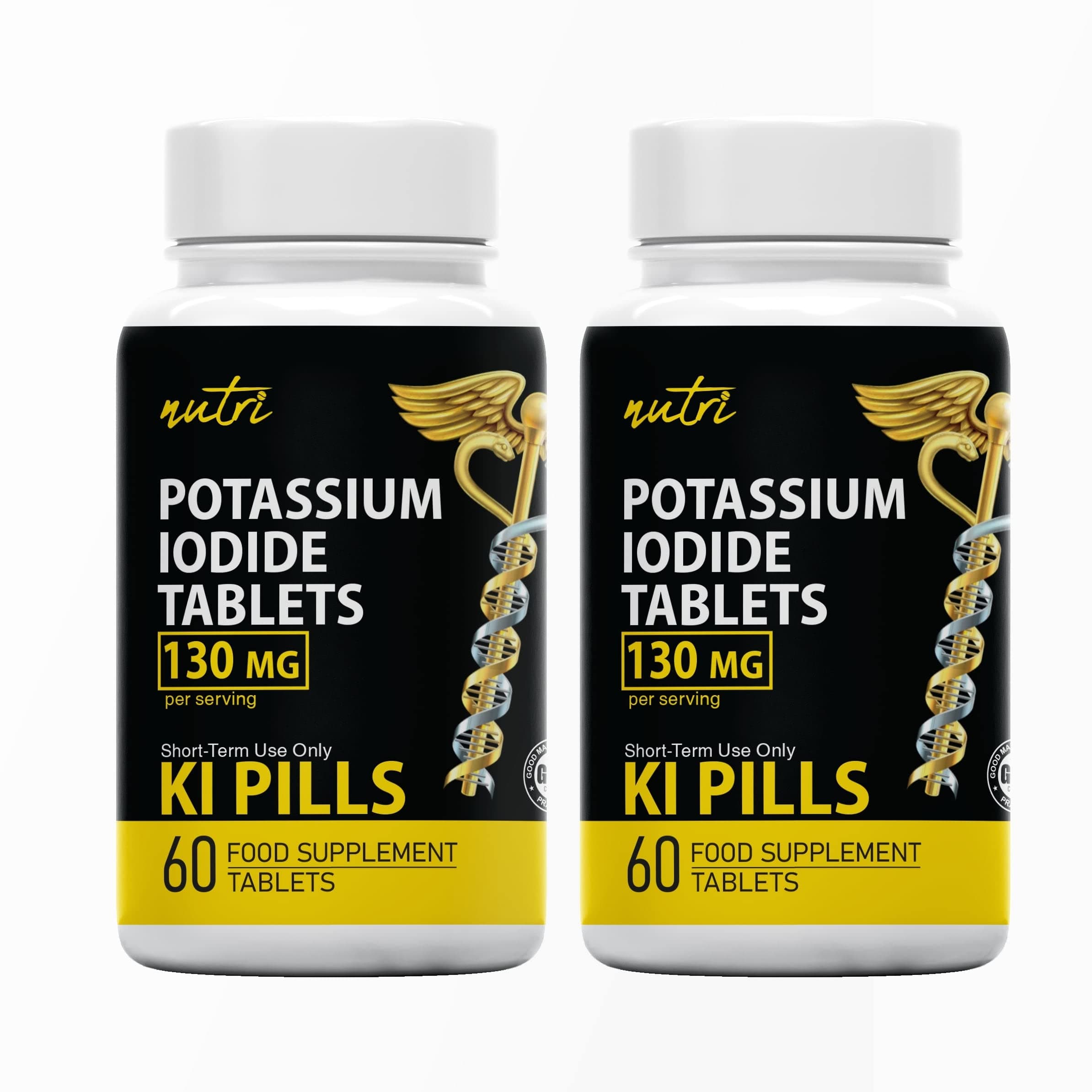 Potassium Iodide Tablets 130 mg (Pack of 2) - (120 Tablets) 10 Year Shelf-Life EXP 2034 to 2035 - Ki Pills - Yoduro de potasio - Nutri Supplements - 3rd Party Tested - NSF cGMP Certified Facility