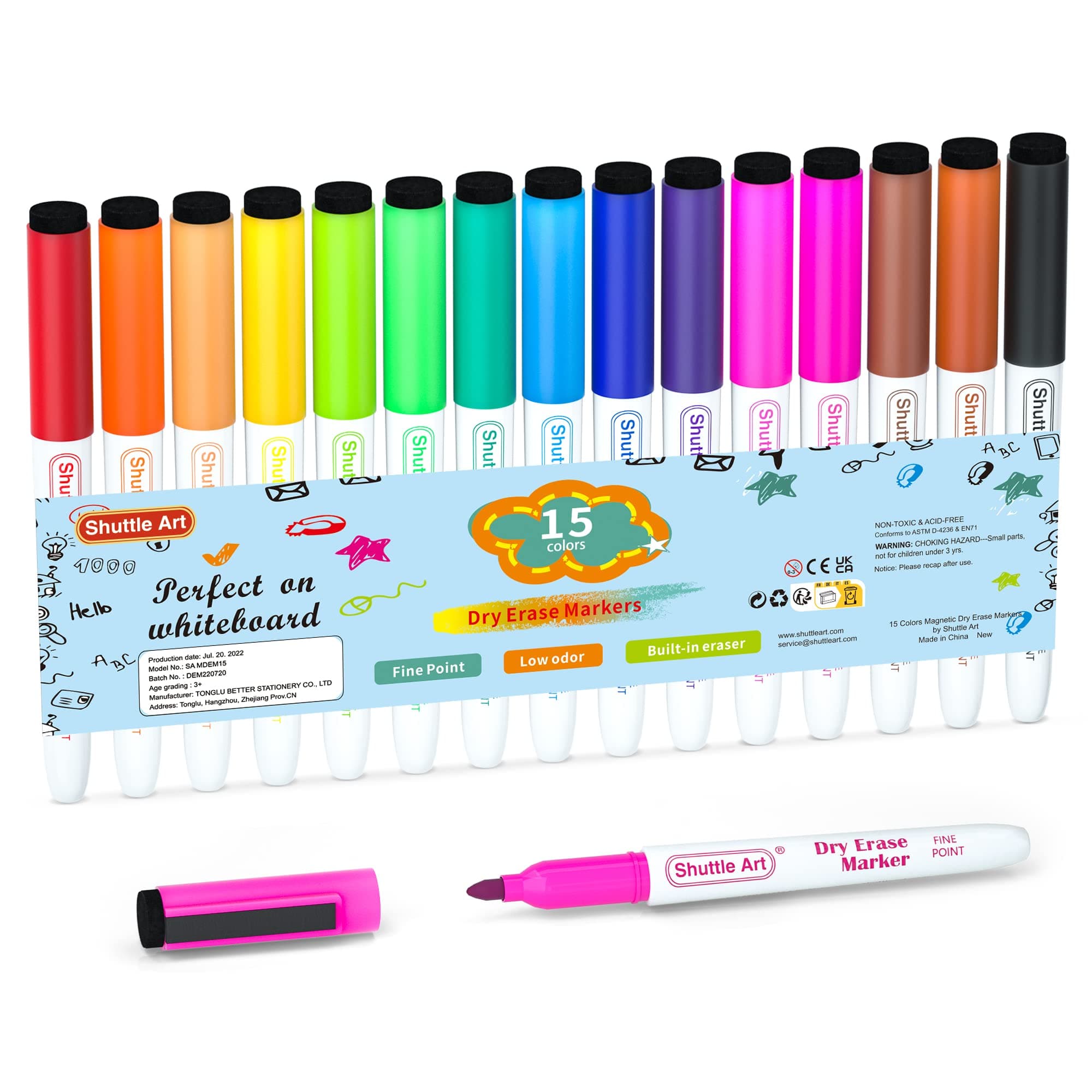 Shuttle Art Whiteboard Pens, 15 Colours Magnetic Whiteboard Makers Fine Tip and Eraser,Dry Wipe White Board Pens for Writing, Dry Erase Markers for Whiteboards, Planners, Glass, School Office Home
