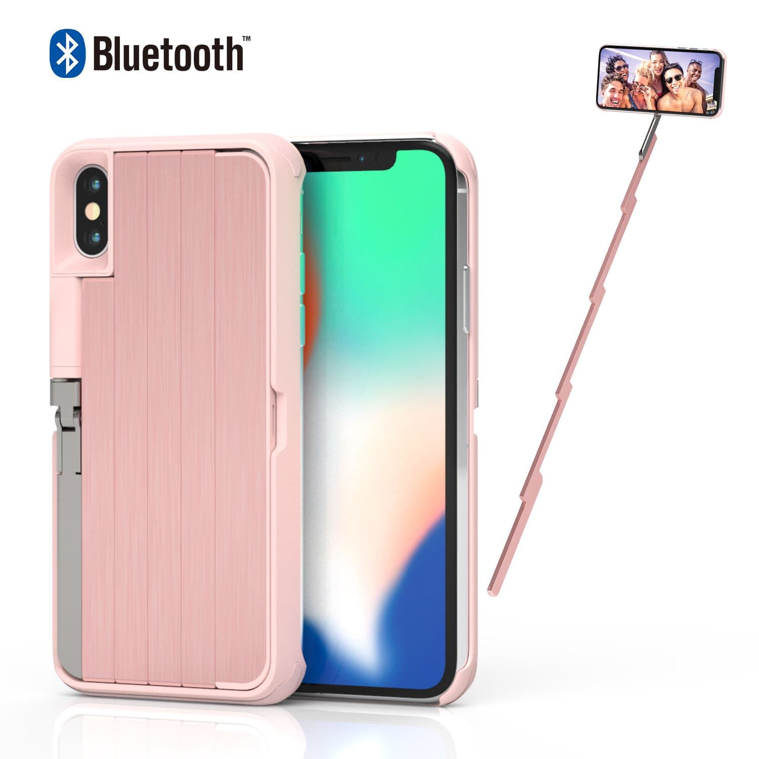 ETROBOT Selfie Stick Case for iPhone X 3 in 1 iPhone X Case Cover with Extendable Wireless Rechargeable Bluetooth Selfie Stick Aluminium Phone Stand Shockproof Hard Case Protection Pink