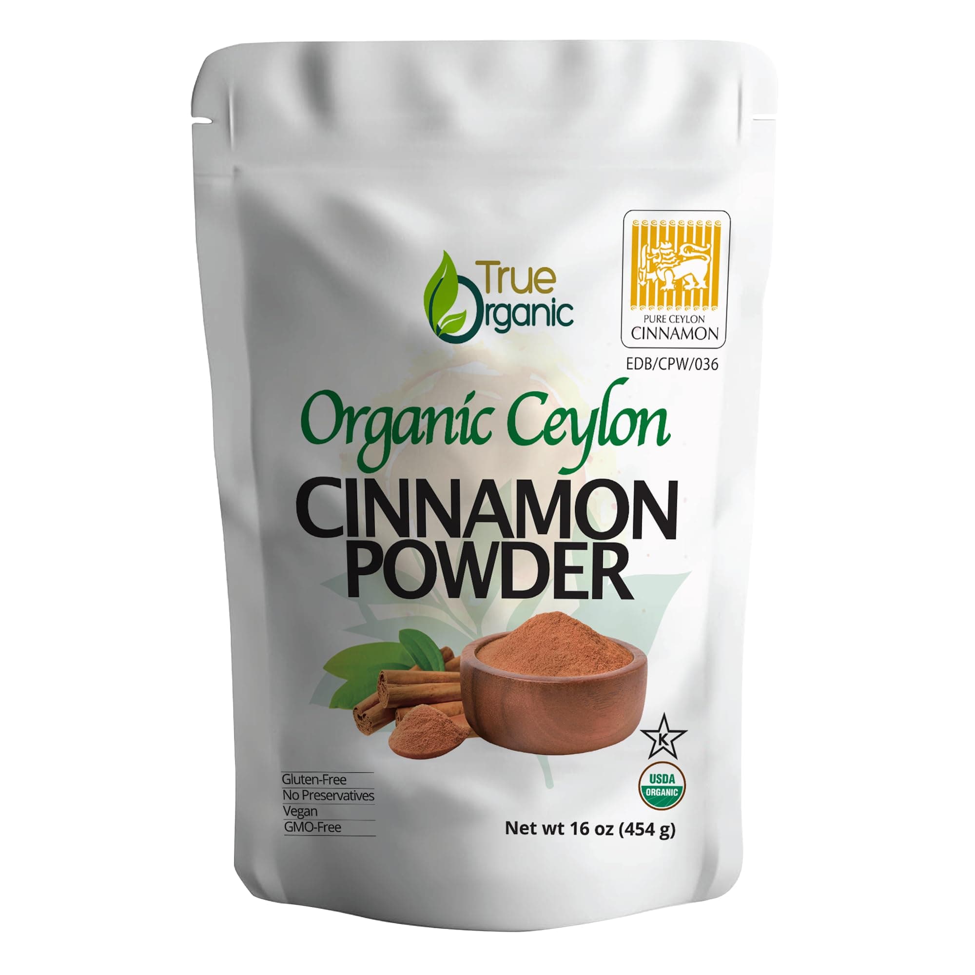 True Organic Pure Ceylon Cinnamon Powder, 1 lb, Premium Grade, Gluten Free, USDA & Kosher Certified, Organic Ground Cinnamon powder, Non-GMO, Ceylon Premium Quality