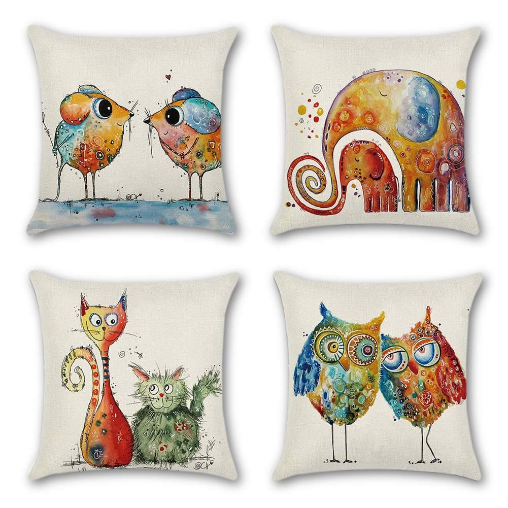 Artscope Set of 4 Decorative Soft Polyester Cushion Covers for Sofa Car 45 x 45 cm Square Throw Pillow Covers Pillowcases with Invisible Zipper (Cartoon Animals)