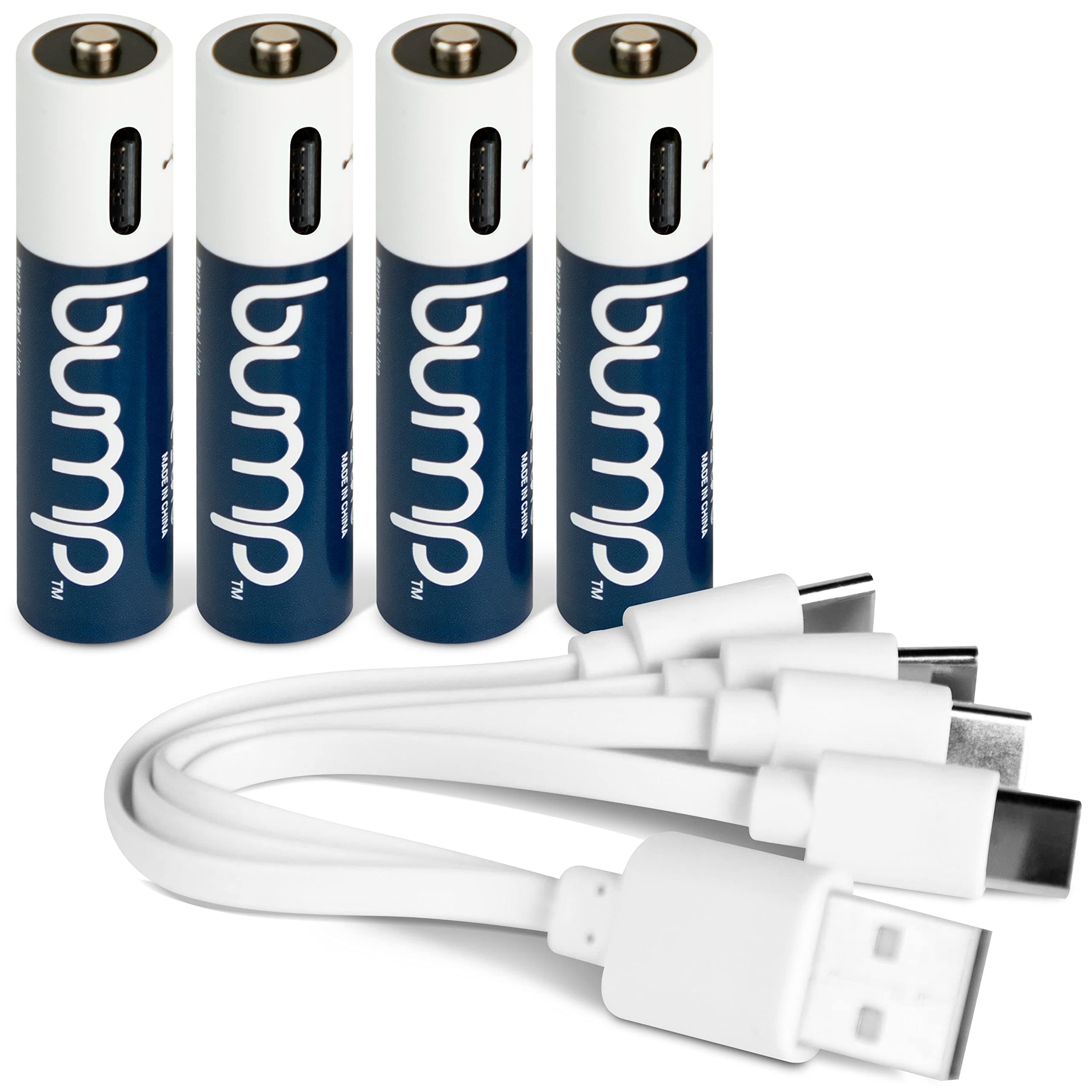 BUMP - Rechargeable AAA Batteries with Charger Cable - 1.5V Fast USB-C AAA Lithium Batteries with LED Indicator - Long-Lasting and Eco-Friendly Power Solution for Remotes, Toys, and Keyboards (4-Pack)