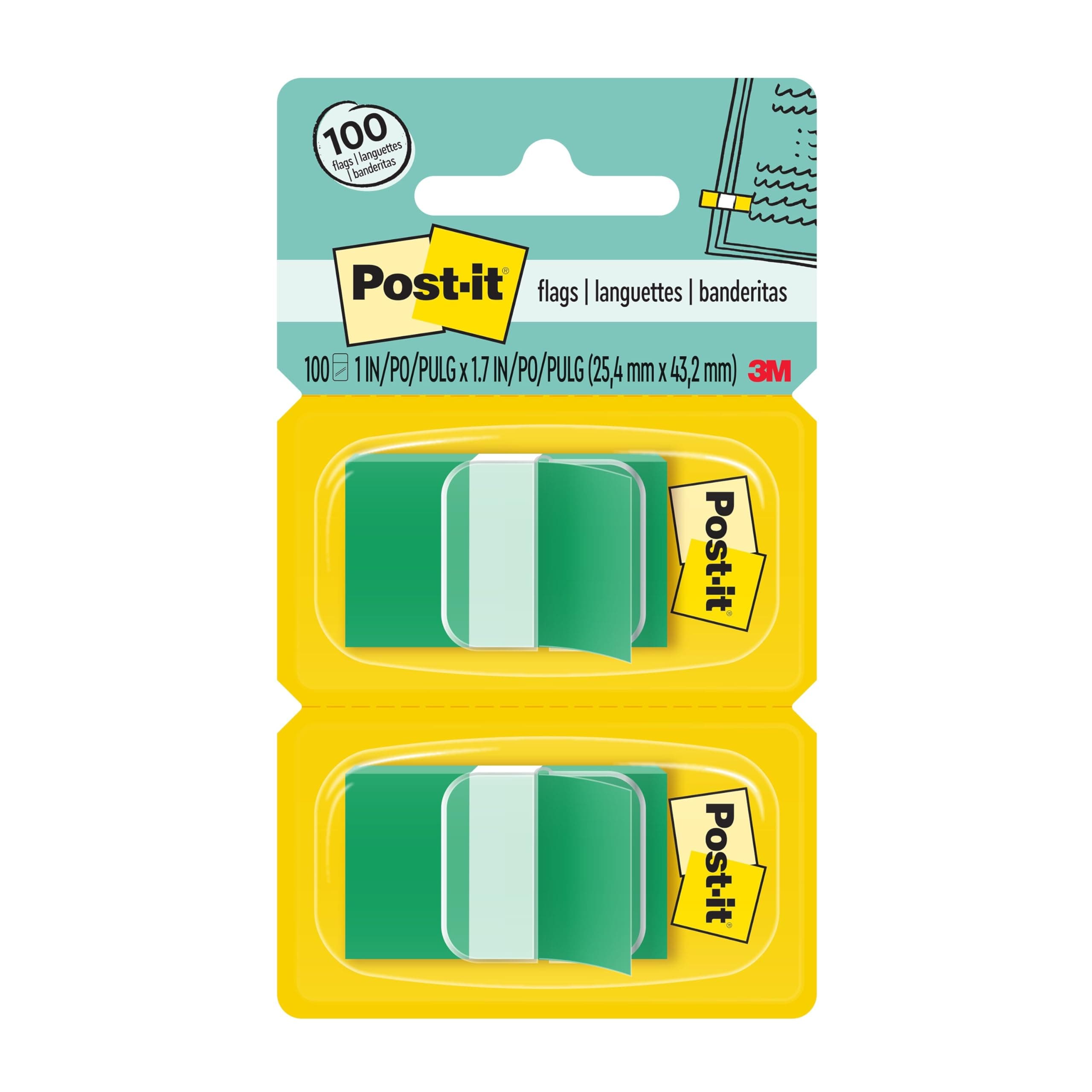 Post-it Flags, 50/Dispenser, 2 Dispensers/Pack, 1 in Wide, Green (680-GN2)