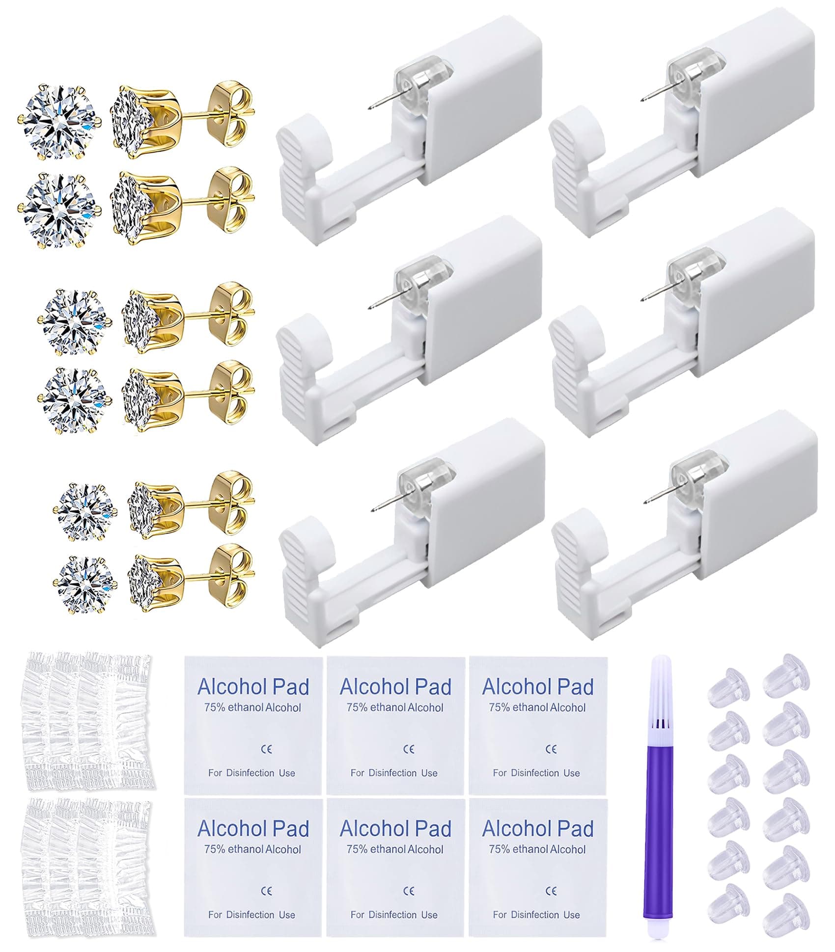 Ear Piercing Kit Disposable Ear Cartilage Piercing Gun Kit with Gold Crown CZ Studs Easy and Safe Earring Self for Yourself Use at Home (Gold Crown Pattern 345mm)