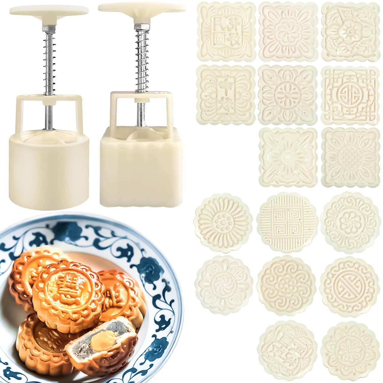 Chinese Traditional Mid-Autumn Mooncake Mold Set Two Sets Of 18 Pieces 100g/125g Different Round And Square Flower Patterns Are Used For Homemade Mooncake And Biscuit Stamping Machine.