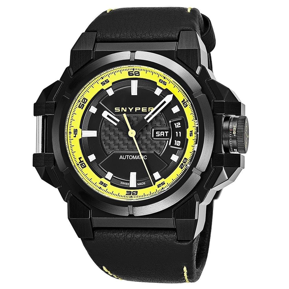 'Two Yellow' Swiss Made Watches for Men Automatic Movement - 43mm Analog Black Face Day Date Black Stainless Steel with Leather Band Military Mens Automatic Watch Sapphire Crystal 20.260.00