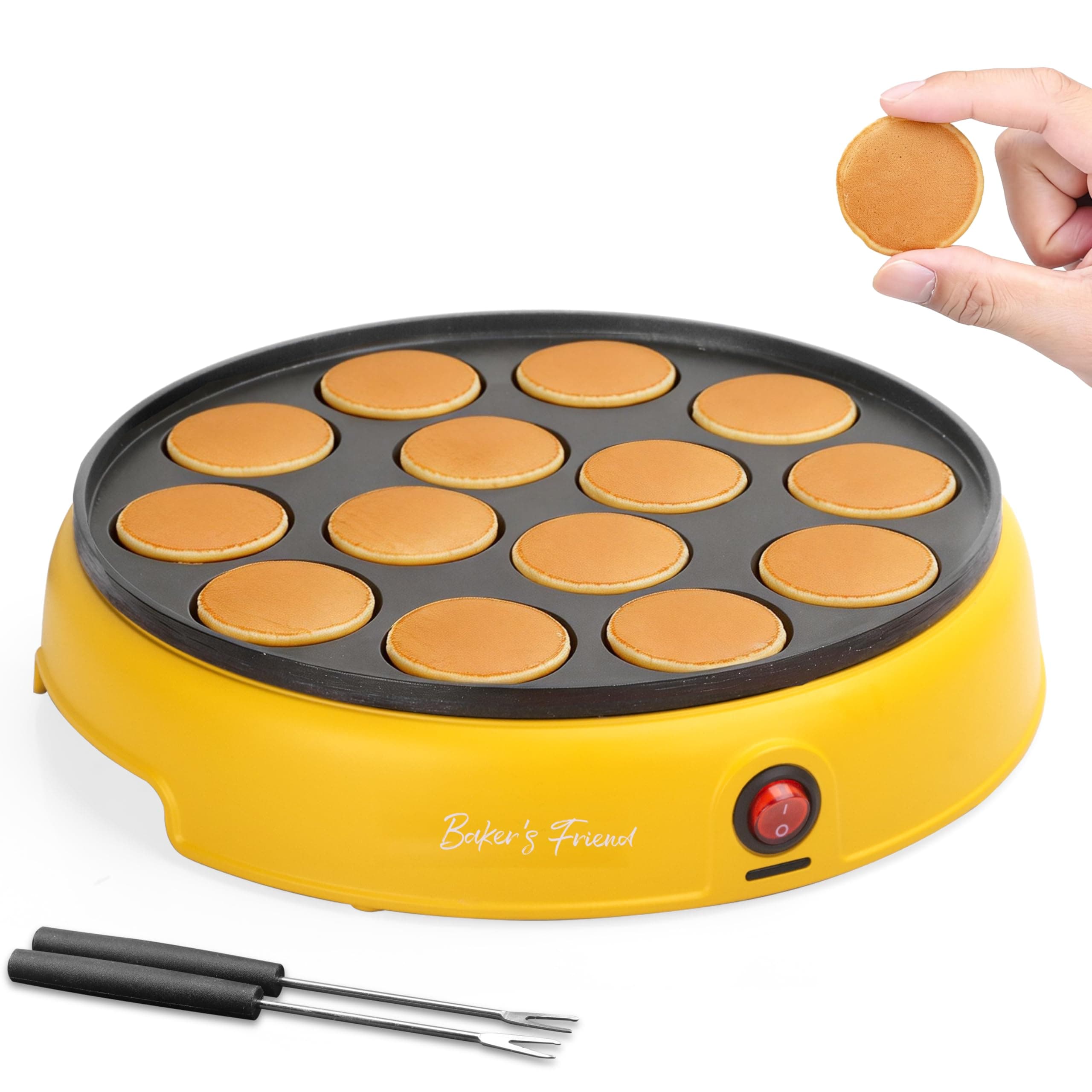 Baker's Friend Mini Pancakes Maker Machine, Dutch Mini Pancake Griddle, 14 Holes Electric Poffertjes Pan, Ideal for Breakfast, Snacks, Desserts & More, Yellow