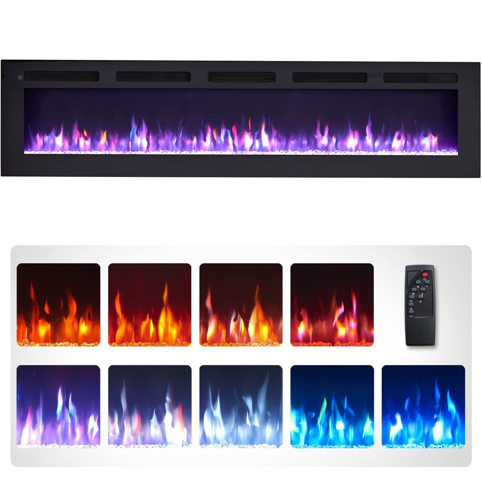 – Wilton 70"/178cm Electric Fireplace, Wall Mounted, Recessed, 9 Colour Flame Effect, Media Wall Compatible, 900W - 1800W Heater, Remote Control
