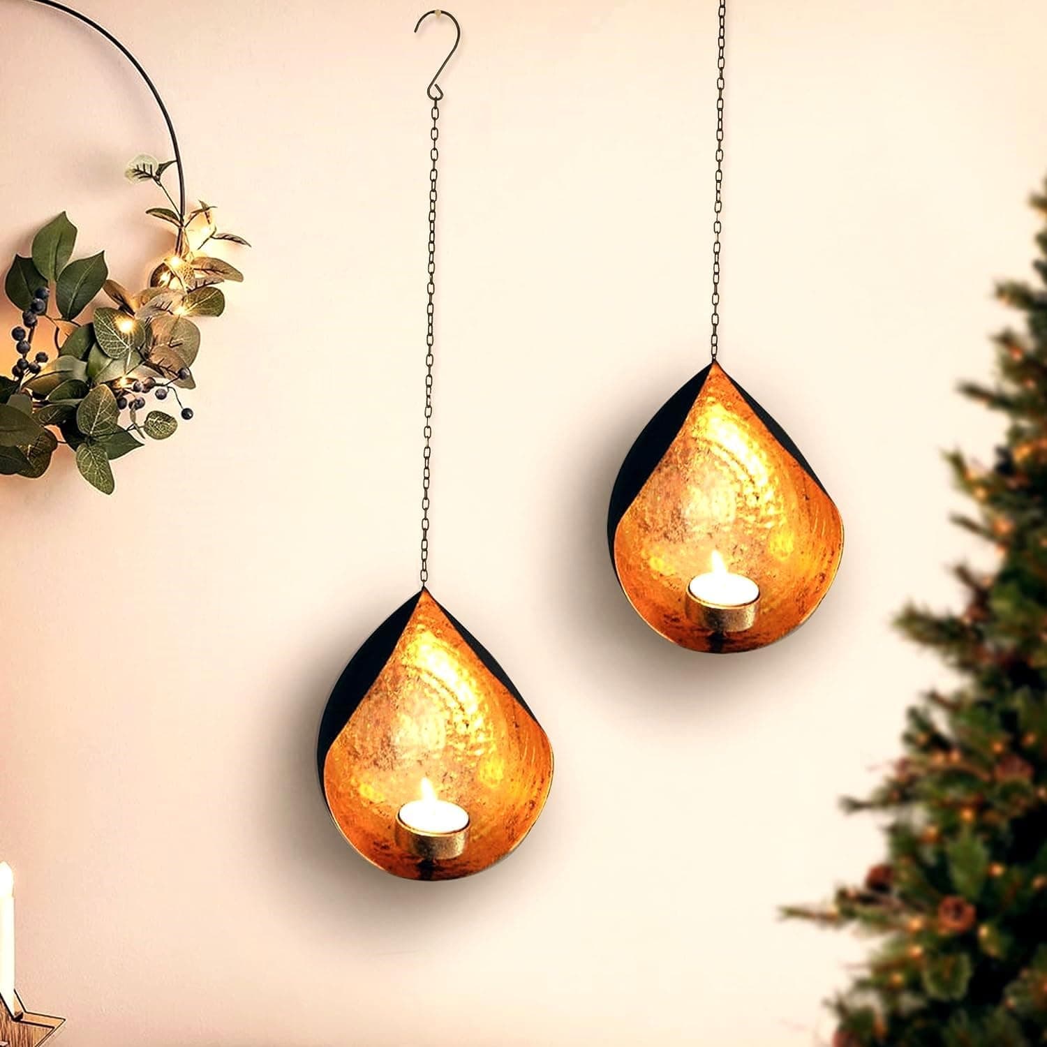 TIED RIBBONS2 Set Wall Hanging Tea Light Candle Holders | Iron, Golden | 18 Inch | Votive Sconce Candle Holder for Home, Living Room, Wedding, Accents Decor, Indoor, Events, Christmas Decorations