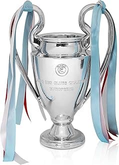 Champions Trophy, Soccer Sports League Cup, Championship Trophy Resin Replica, Electroplating Process, Silver with Colorful Ribbons for Office Decoration, Fan Gifts and Birthday Gifts, 6.3 Inch