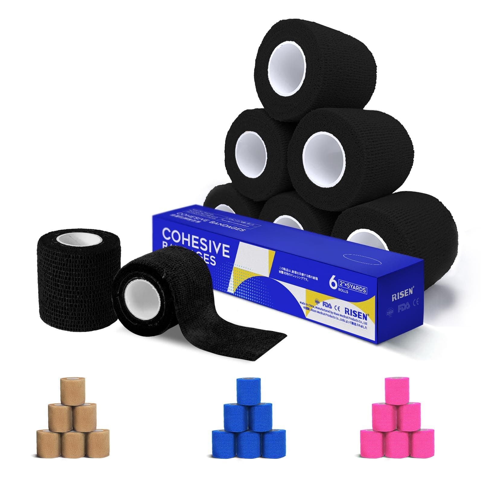 Cohesive Bandage 2” x 5 Yards, 6 Rolls, Self Adherent Wrap Medical Tape, Adhesive Flexible Breathable First Aid Gauze Ideal for Stretch Athletic