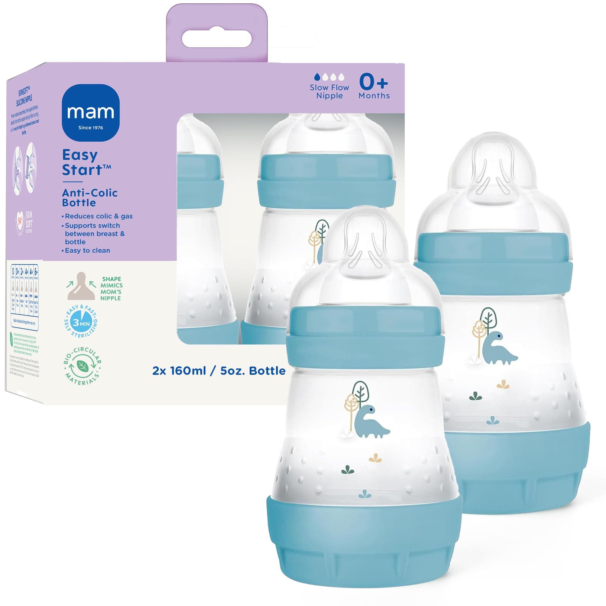 Easy Start Anti Colic Baby Bottle, Easy Switch Between Breast and Bottle, Reduces Air Bubbles and Colic, 2 Pack, Newborn, Matte/Boy,2 Count (Pack of 1)