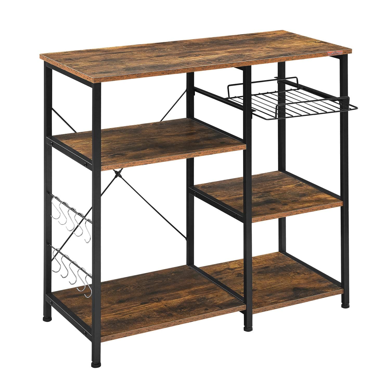 Mr IRONSTONE Bakers Rack, 35.5" Coffee Bar, 10 Hooks Microwave Stand with Wire Basket, 3-Tier Kitchen Storage Shelf, Kitchen Stand for Spice Rack Organizer Workstation, Rustic Brown