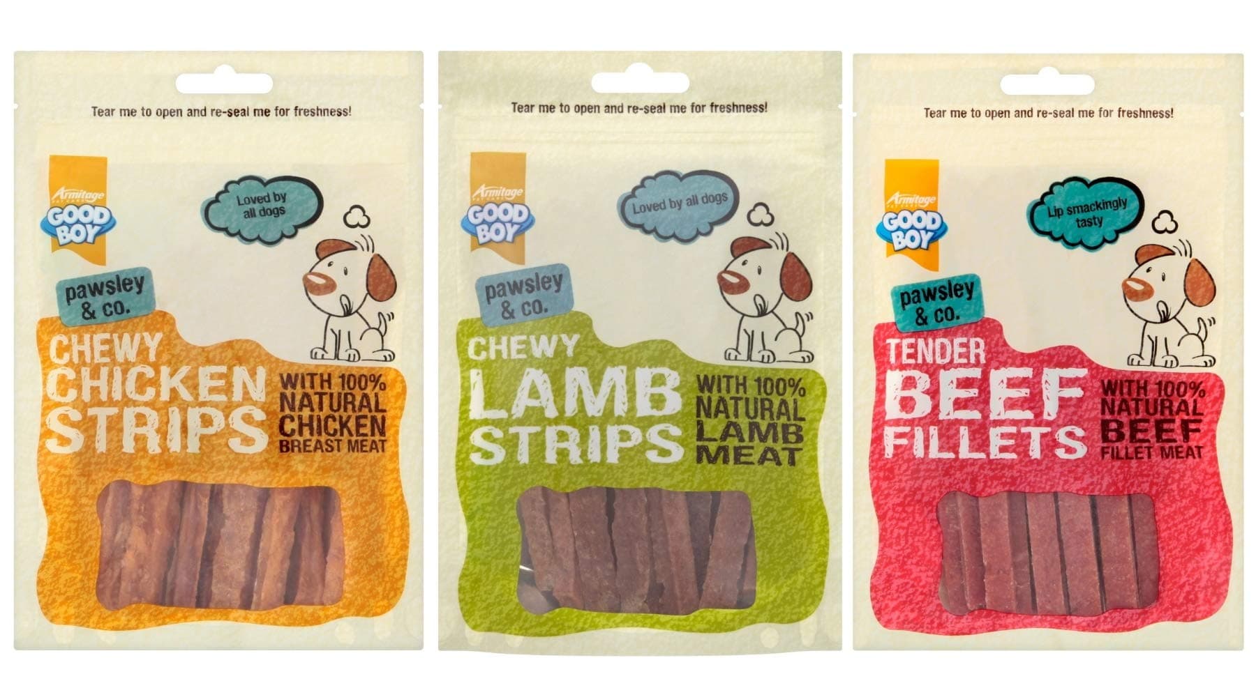 Pawsley & Co Chewy Strips MIX PACK (Lamb 80g, Chicken 100g, Beef 90g)