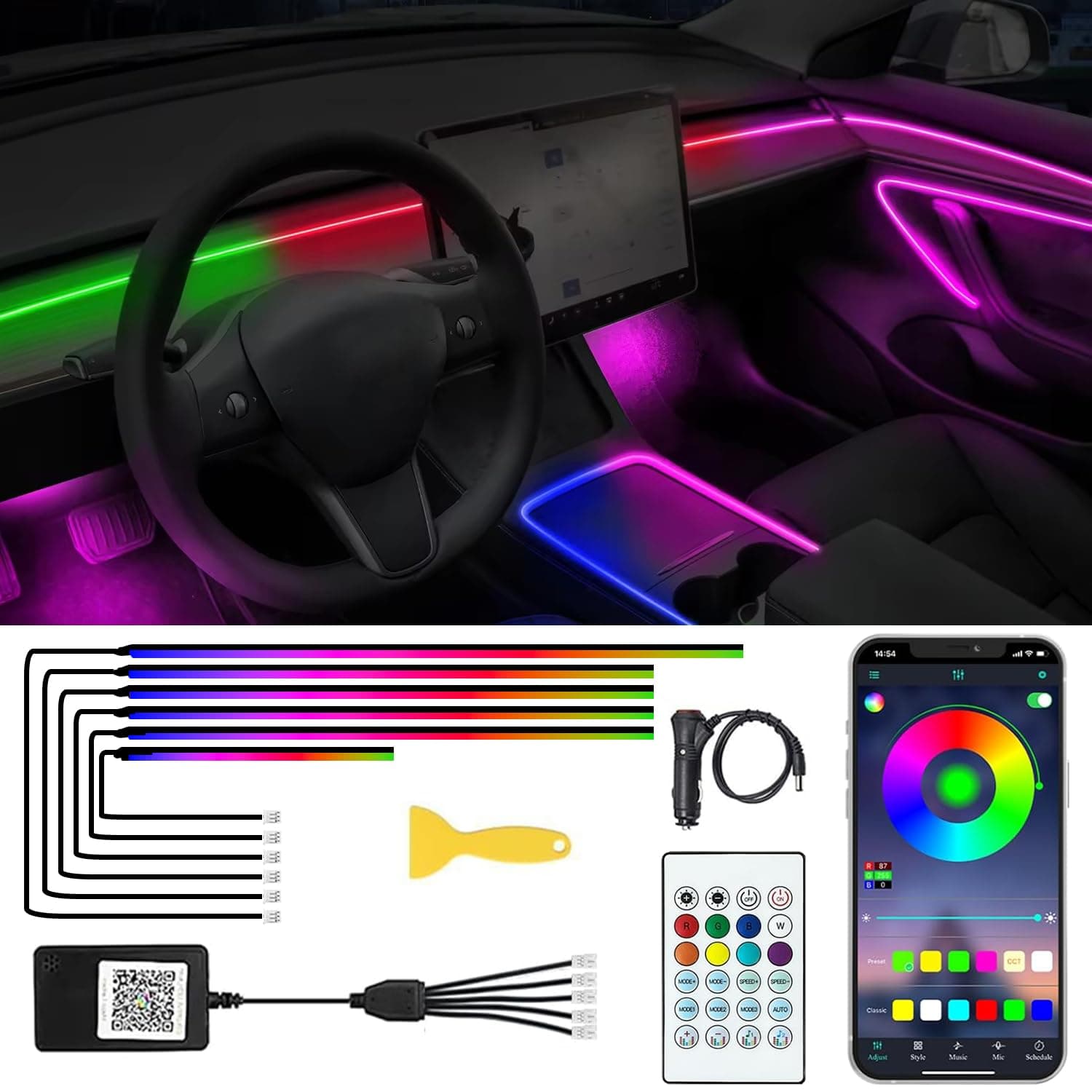 Acrylic Interior Car LED Lights with Remote and Wireless APP 6 in 1,Ambient Lighting Kits Fiber Optic Strip LEDs,16 Million Colors Music&DIY Function