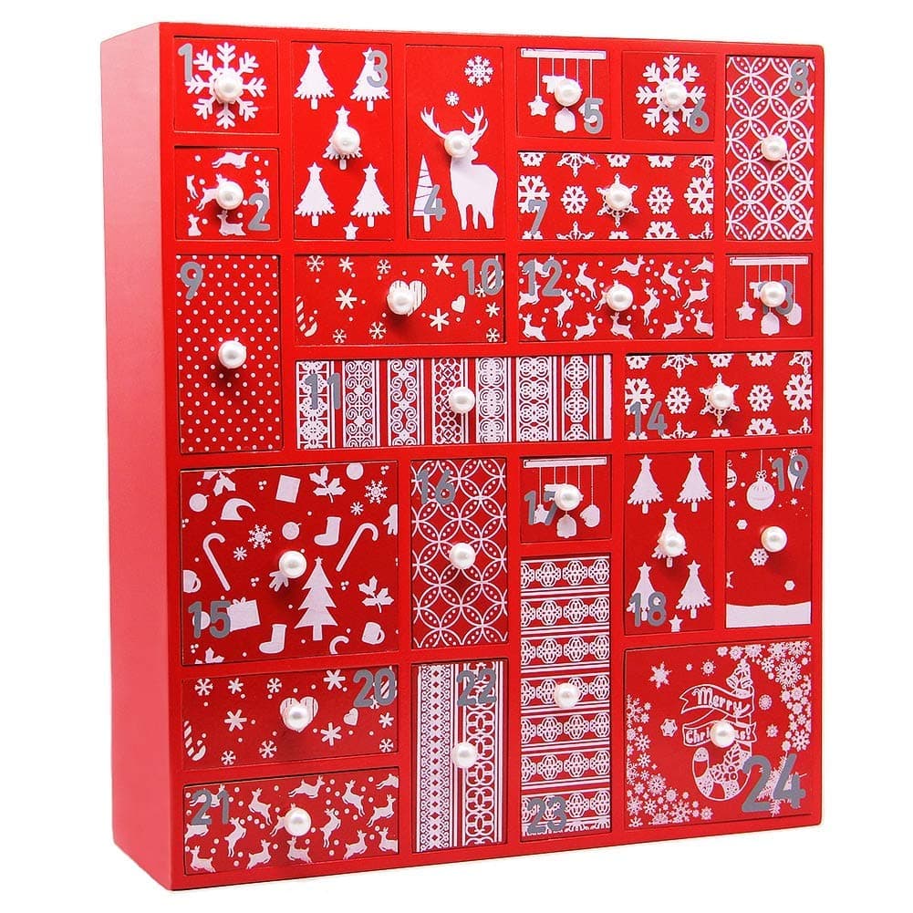 Red Advent Calendar with 24 Drawers Countdown to Christmas, Refillable Wooden Advent, 15 Inches Tall