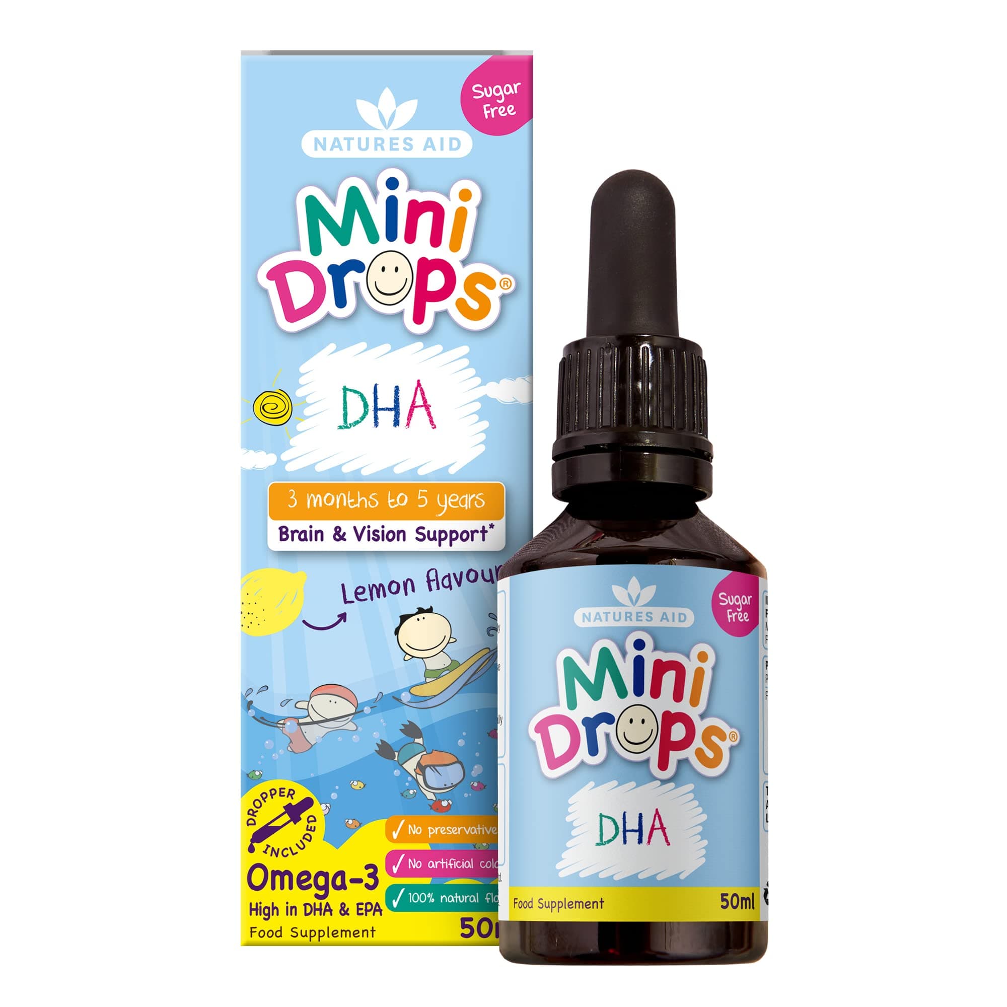 Natures Aid Mini Drops DHA with Omega-3 | for 3 Months to 5 years Children | High EPA & DHA Levels | Sustainably Sourced Fish Oil | Sugar-Free | Lemon Flavor, 50ml