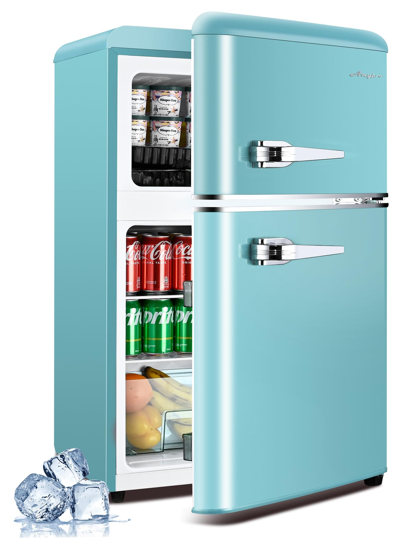 3.2 Cu.Ft Retro Fridge with Freezer, Double Door Refrigerator with 7 Level Thermostat, Adjustable Removable Glass Shelves for Bedroom Office Apartment Dorm Bar, Blue