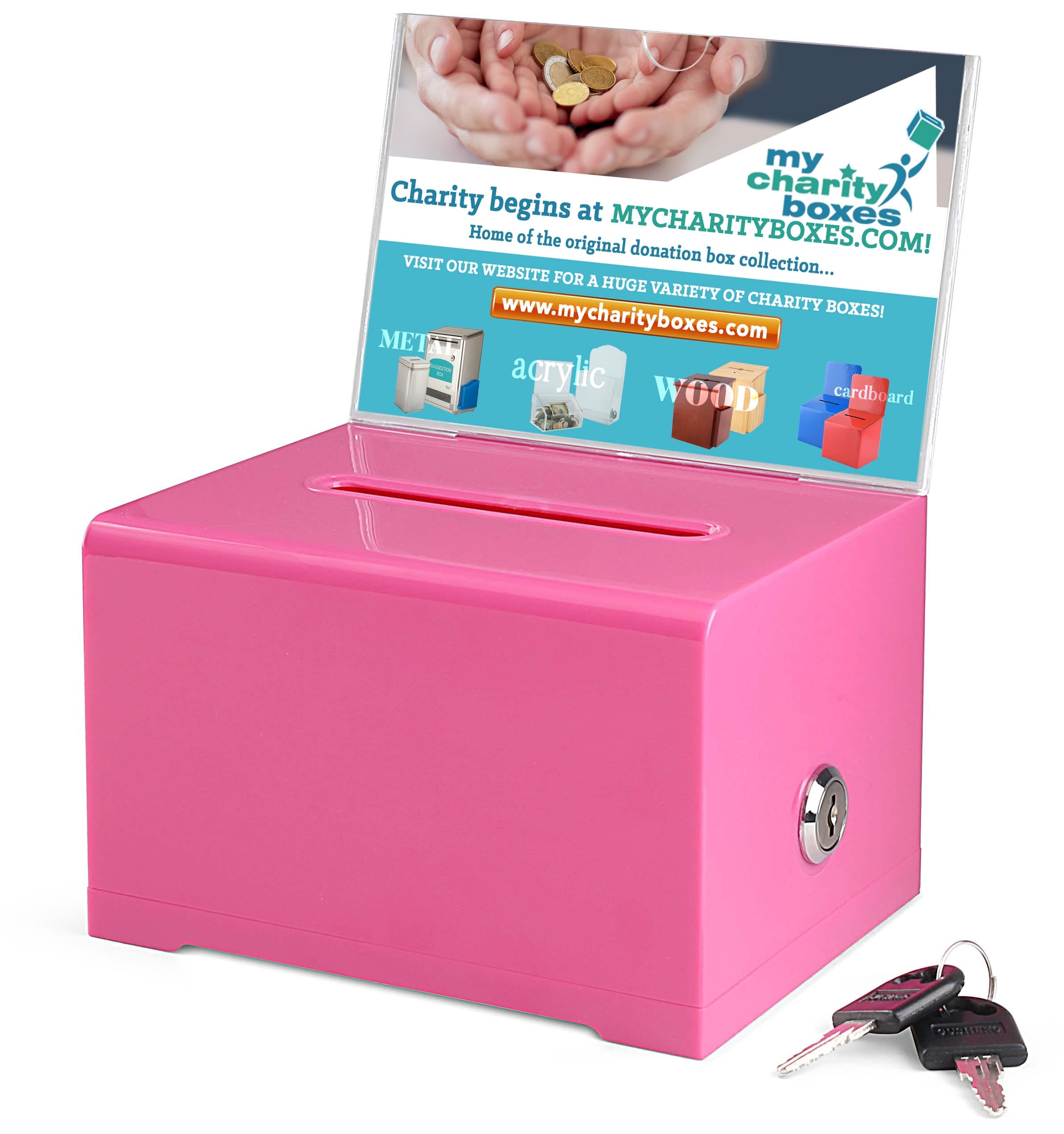 Donation Collection Ballot Box Ticket & Drawing Voting or Comment Box office and fundraising suggestion box 6.25 x 4.75 x 4 inch, Display Sign Holder 4 x 6 inch with Lock and keys(Pink)