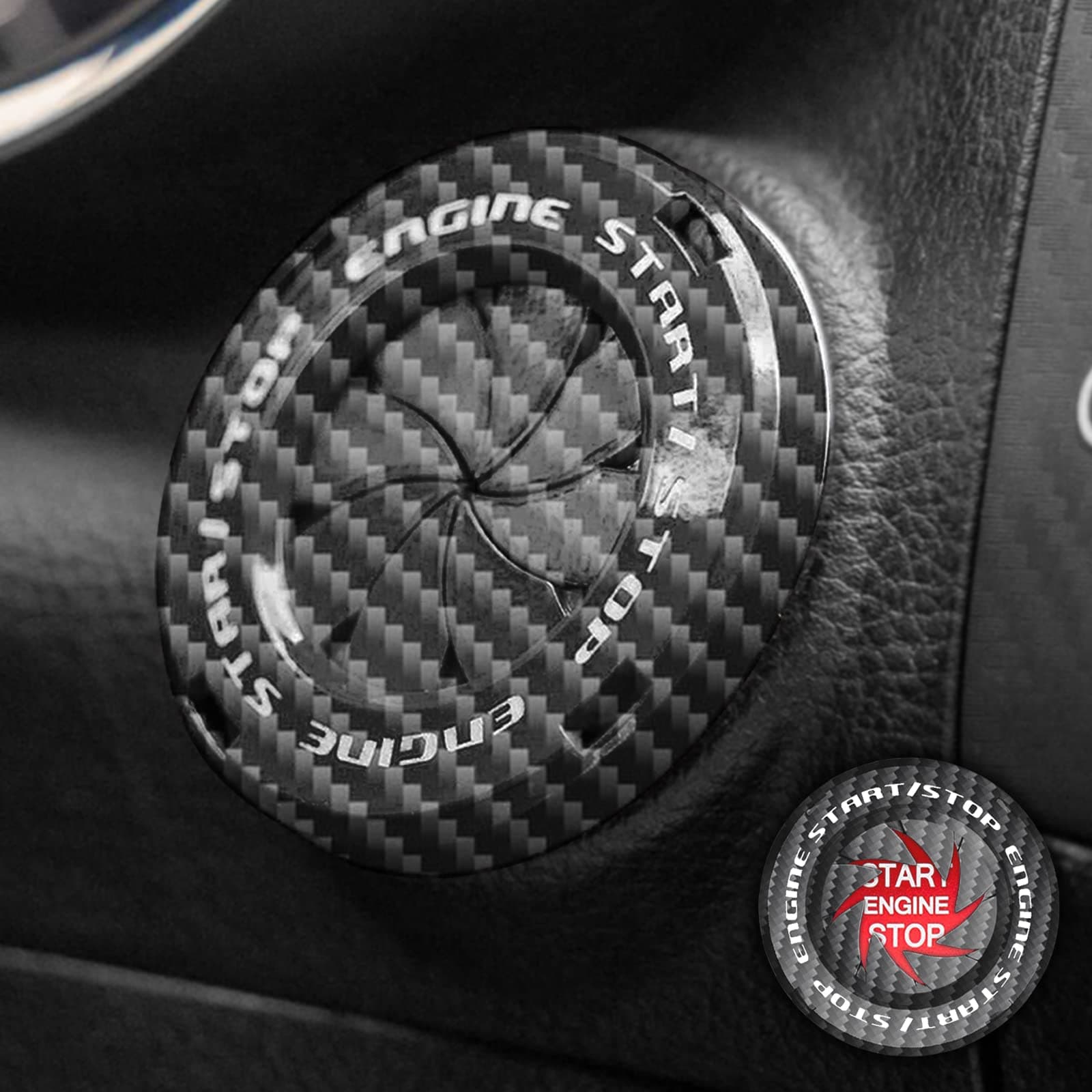 Tybasthe Rotary Push Start Button Cover, Carbon Fiber Car Accessories Engine Start Stop Button Cover, Car Stickers Interior Decor, Motorcycle Ignition Key Switch Cover