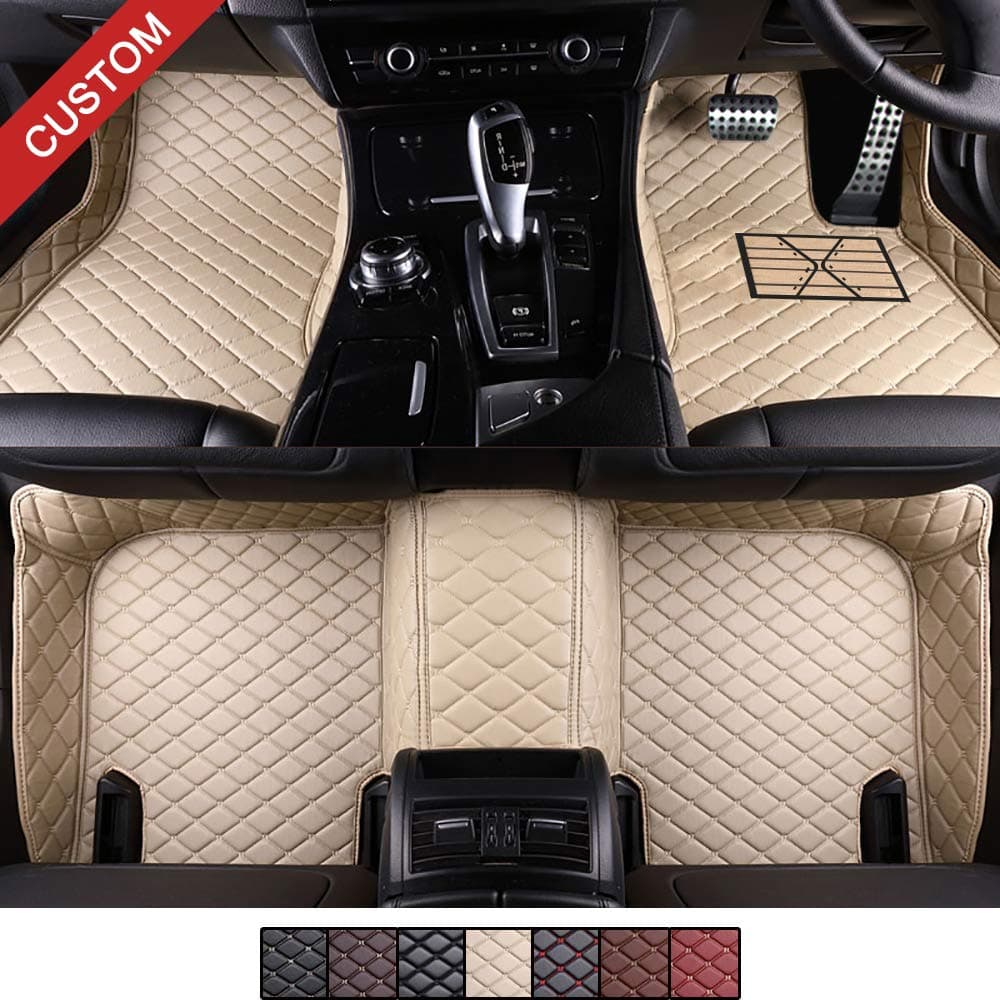VEVAE Tailored Car Floor Mats for Benz C Class W205 Saloon 4 Doors 2014-2018 Laser Measured Faux Leather, Custom All Weather Full Coverage Waterproof Carpets XPE Car Liner (Beige)