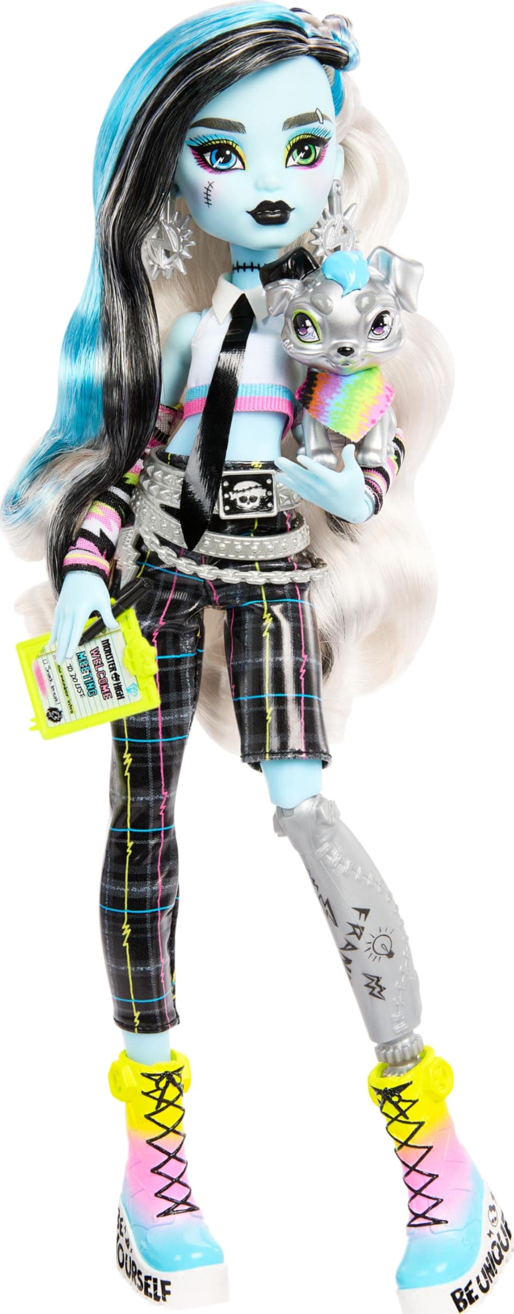 Monster High Frankie Stein Doll, Welcome Committee Multi-Pack with 15 Accessories Including Poster, Sticker, Pet Watzit & More