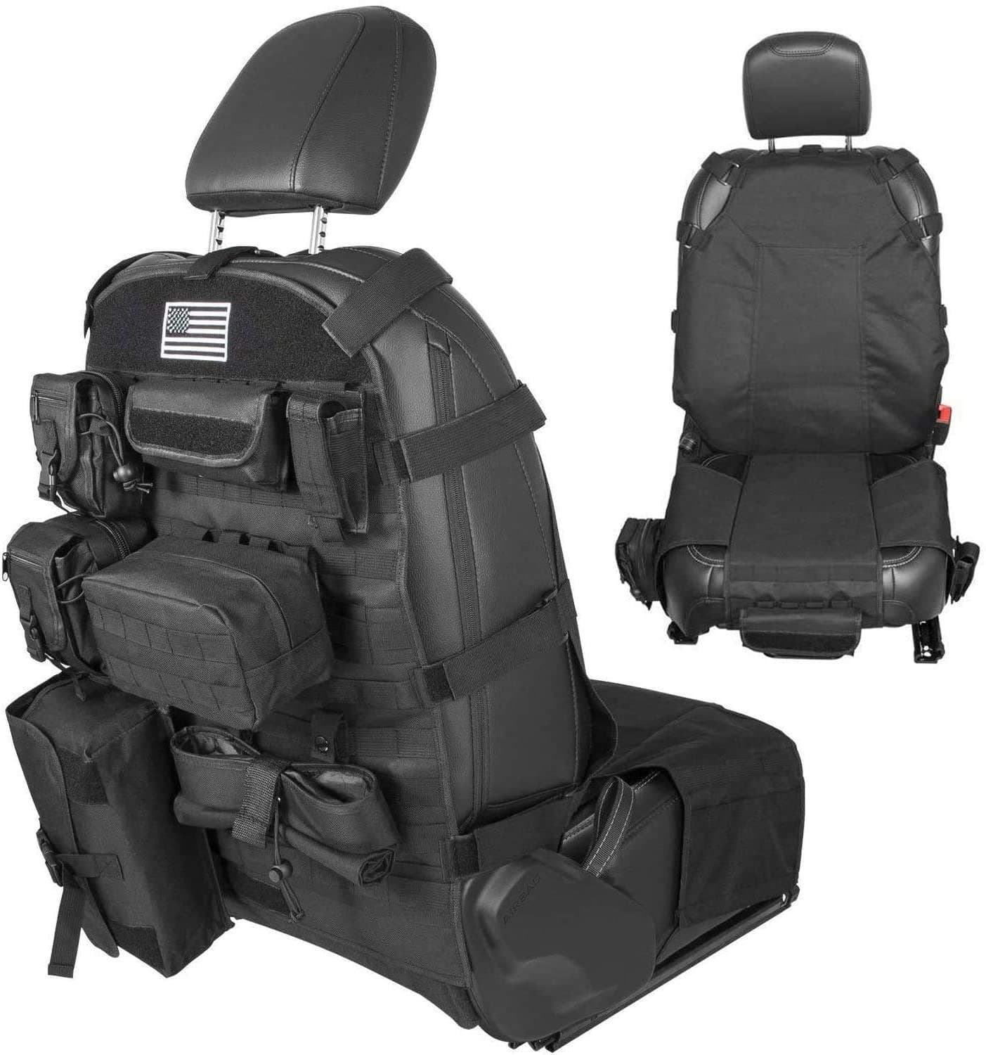 Universal Tactical Front Seat Cover Case Storage Bags Pockets Molle Pouches Stuff Organizer For Jeep Wrangler JK JKU JL JLU TJ YJ Gladiator JT Cherokee Ford F150 Toyota Chevy Dodge Trucks (Black)