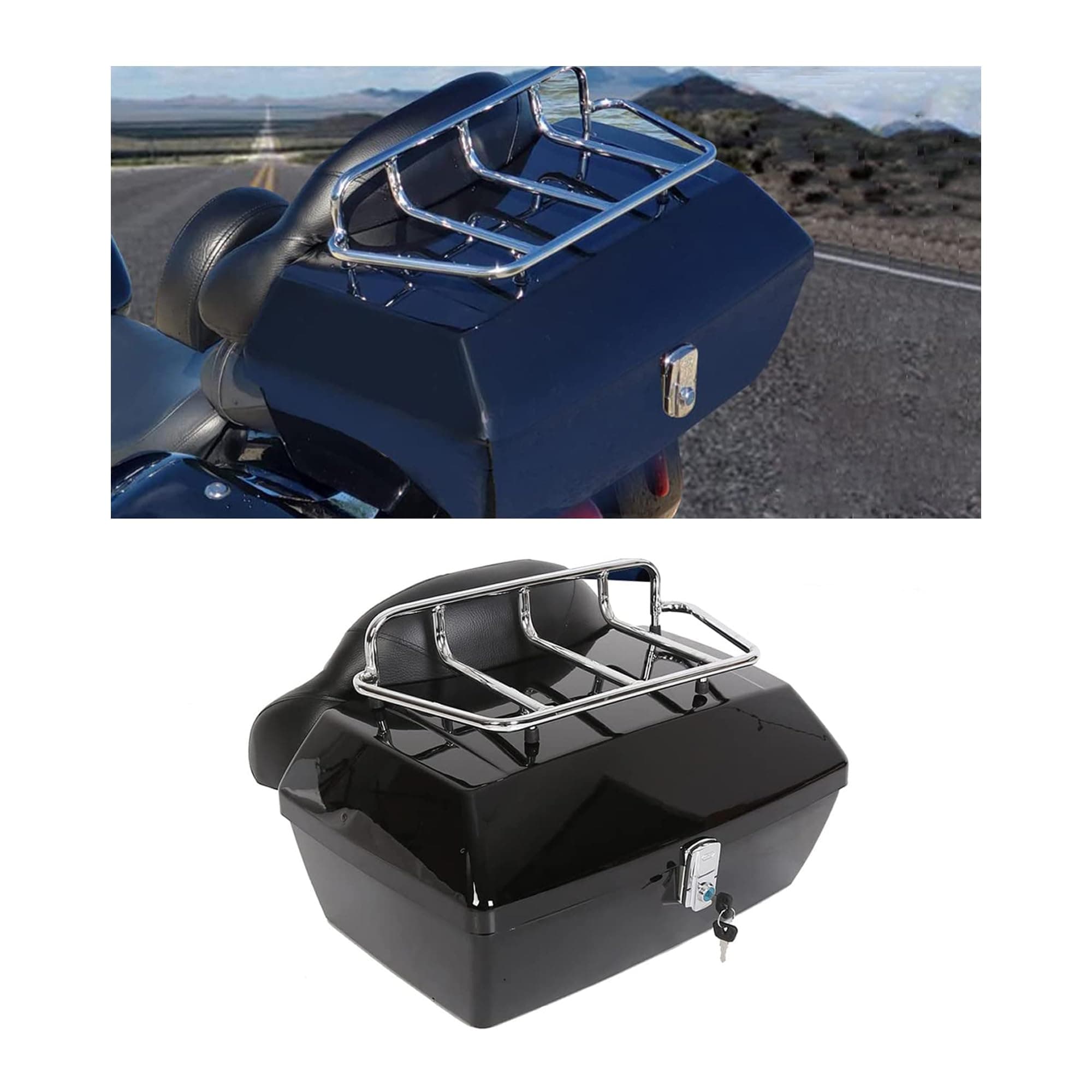 KUAFU Motorcycle Storage Box Tail Trunk Luggage with Top Rack and Backrest- Classic Black