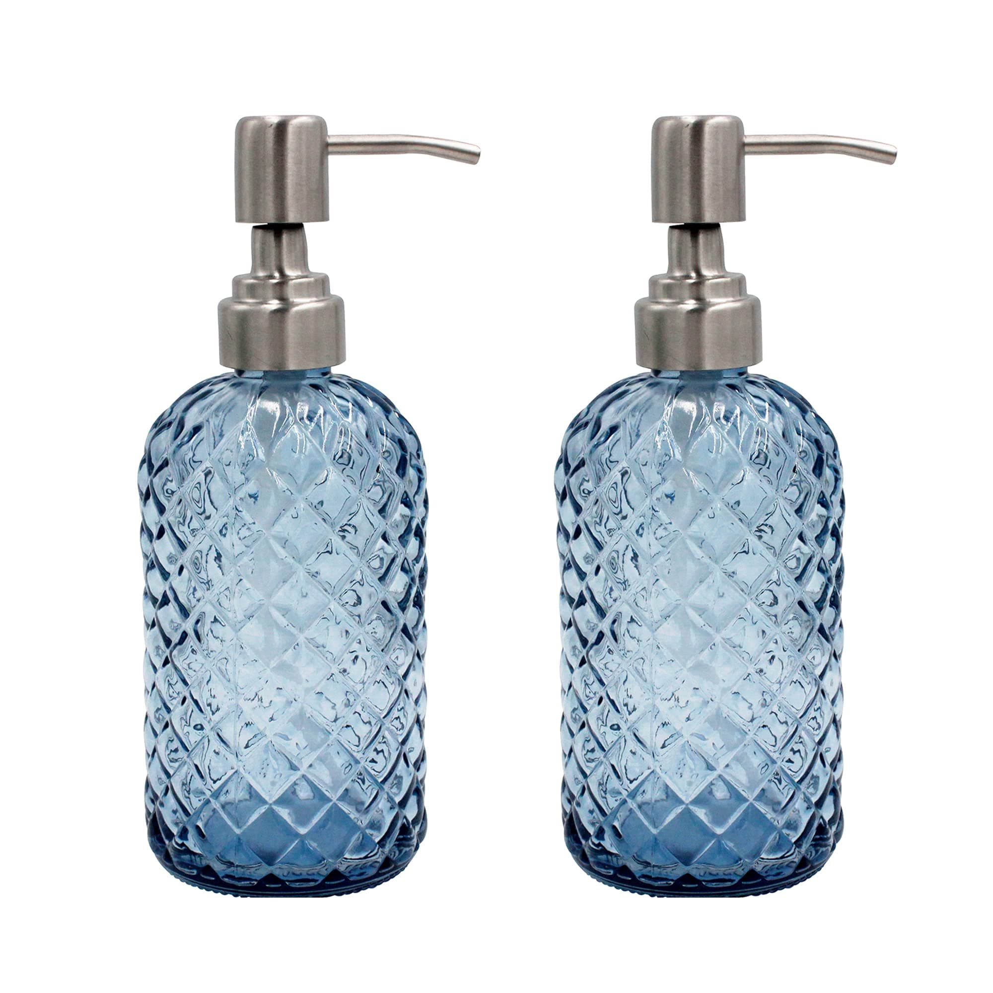 16 oz Diamond Pattern Glass Soap Dispenser, Kitchen and Bathroom Refillable Soap Dispenser with Rust Resistant Stainless Steel Pump for Hand Soap, Lotion Glass Liquid Dispenser(Blue - 2 Pack)
