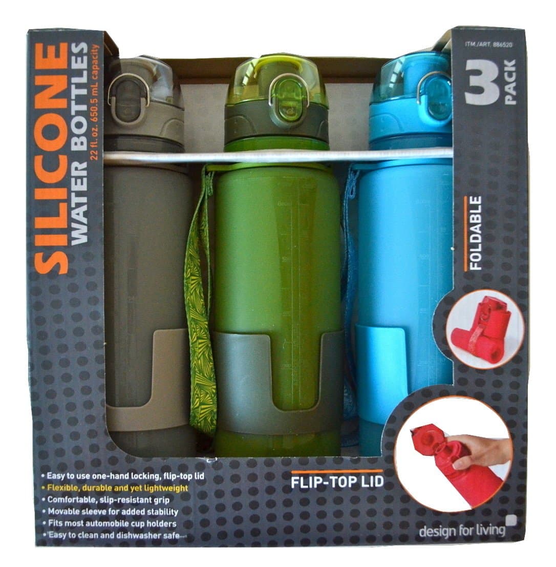 Design for Living Silicone Foldable Water Bottle with Flip-top Lid and Strap - 22 Ounce - Gray, Green & Blue 3-pack