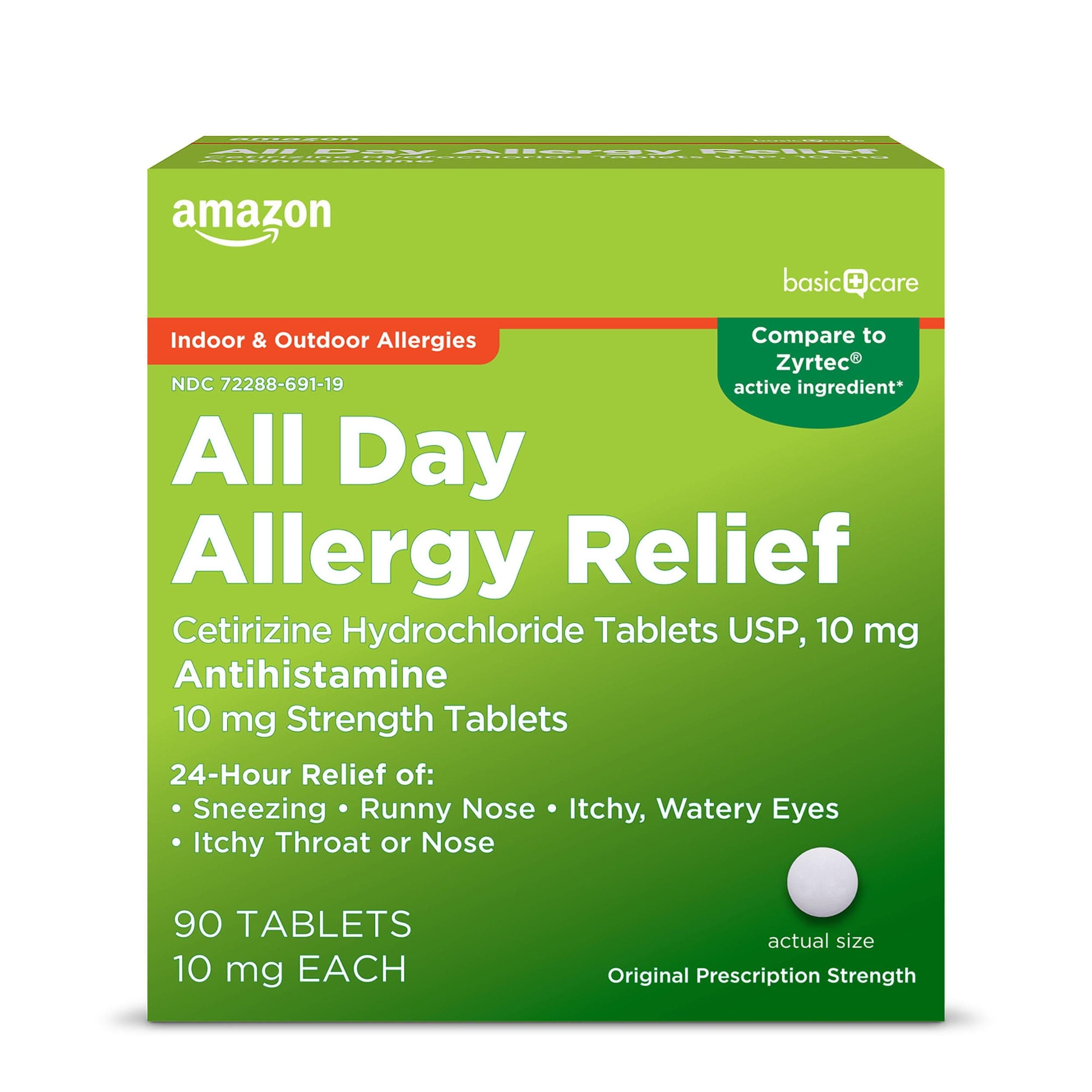 Amazon Basic Care All Day Allergy, Cetirizine Hydrochloride Tablets, 10 mg, Antihistamine, 90 Count