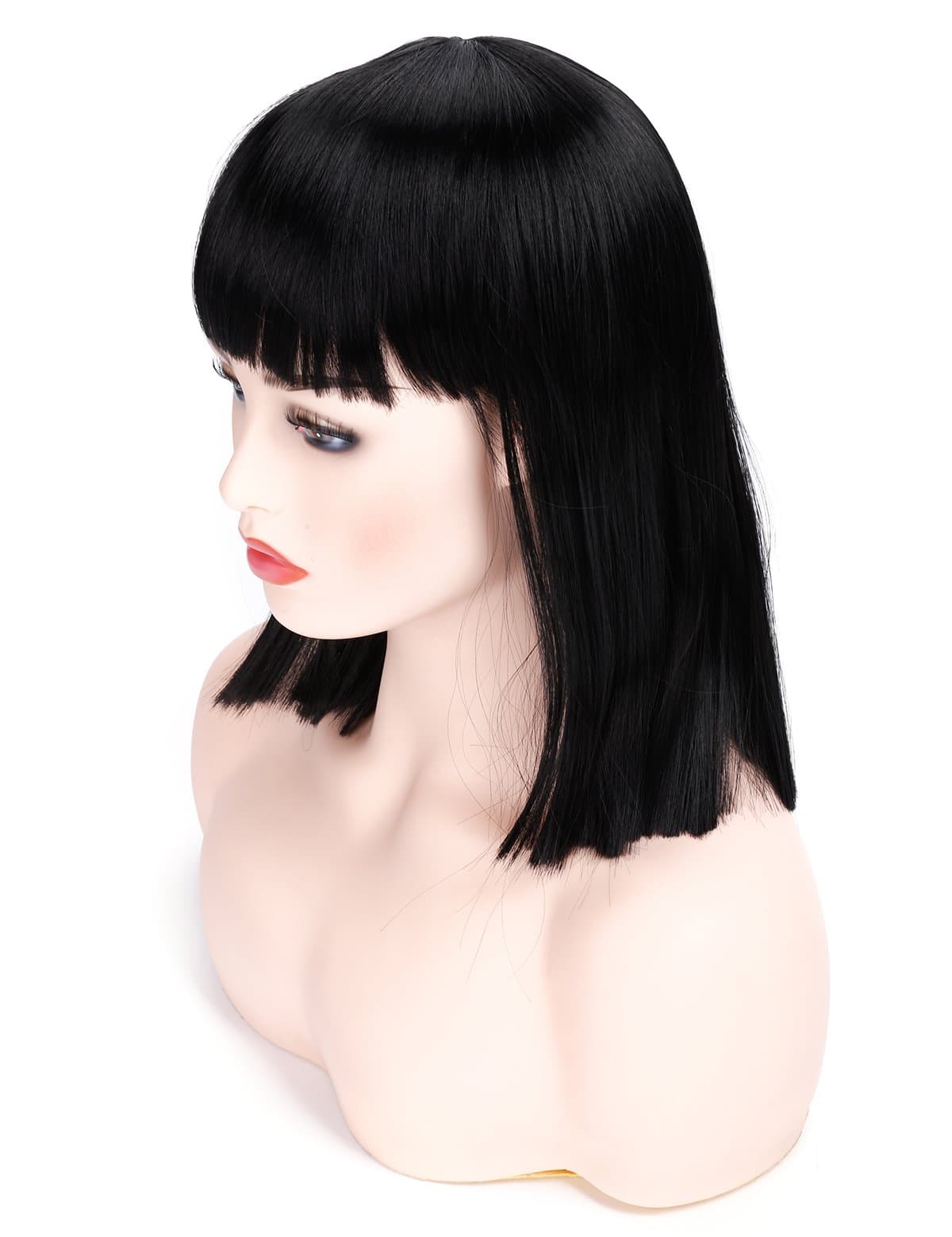 Short Straight Black Wig with Bangs Natural Looking Heat Resistant Hair Cosplay Costume Wigs for Women (14 inches Natural Black)