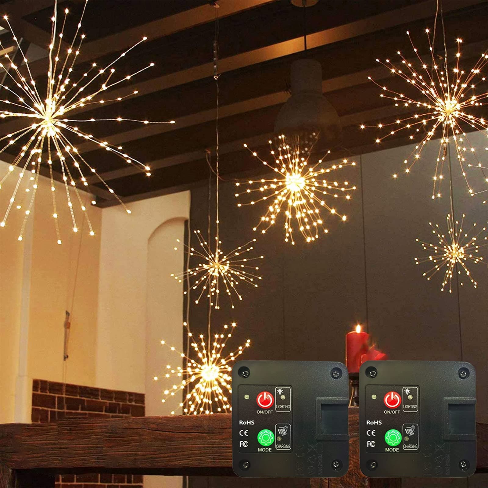 2 Pack Solar Starburst Lights,200 LED Energy Saving Waterproof Firework Lights, Copper Hanging String Lights, Fairy Lights for Christmas Corridor Courtyard Garden Party Outdoor Decoration (Warm White)