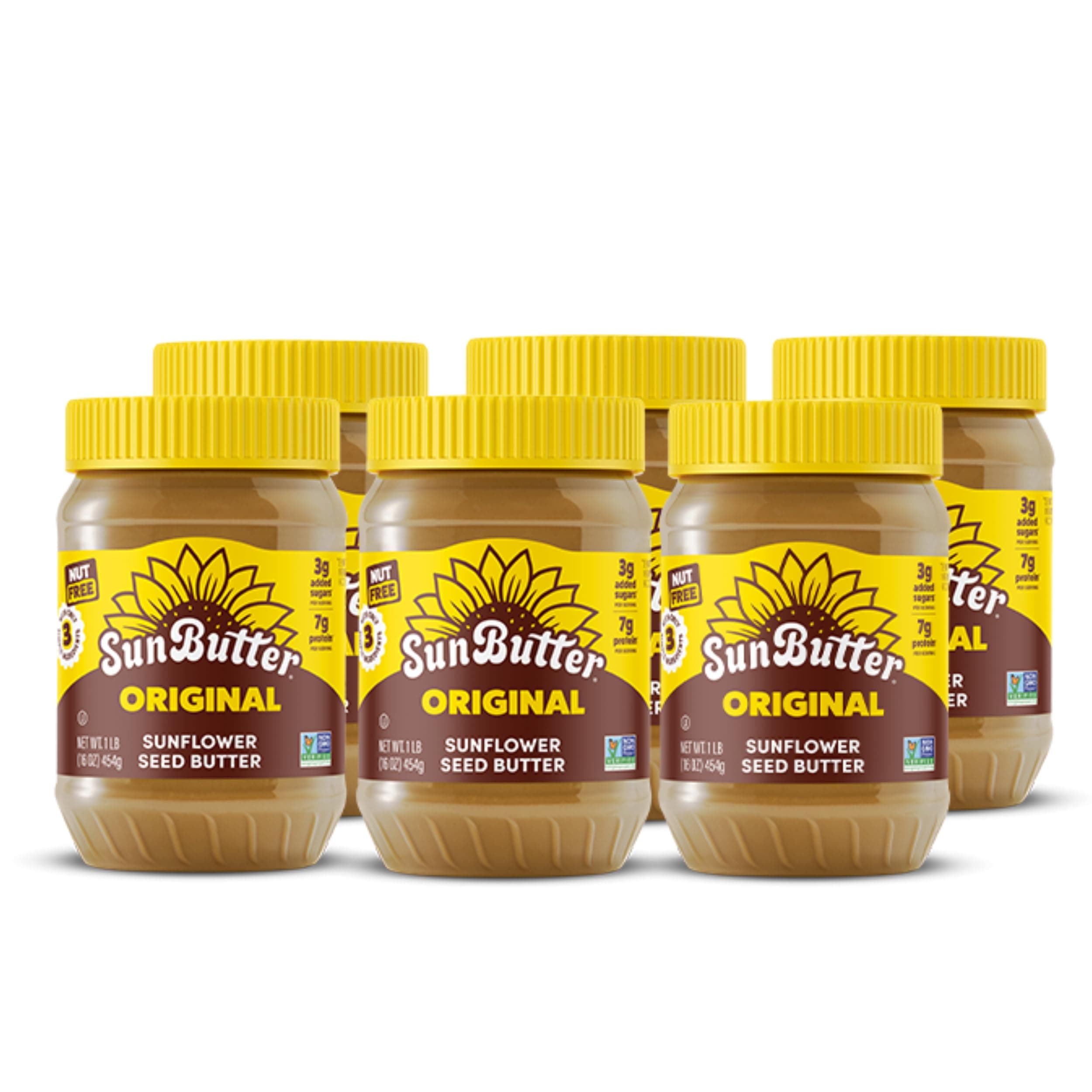 SunButter Original Sunflower Seed Butter, 16 oz (6 Pack of 6) - Nut Free Spread with 7g Plant-Based Protein, Roasted Rich & Savory Flavor, Smooth Texture, Vegan, Kosher & Non-GMO