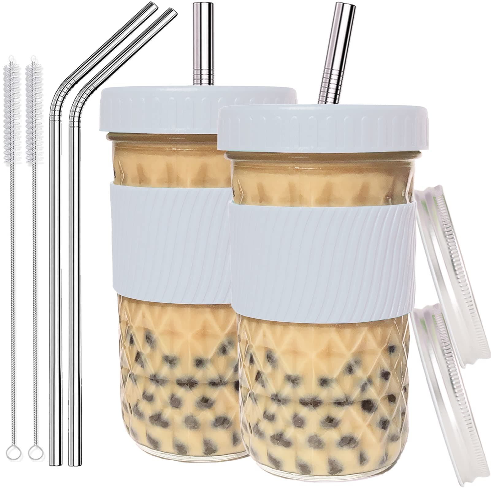 Reusable Smoothie Cups Boba Tea Cups with Lid and Straw,Bubble Tea Cup Glass Tumbler Travel Mug, Wide Mouth Mason Jar Cups (2-pack, 24 oz)(white)