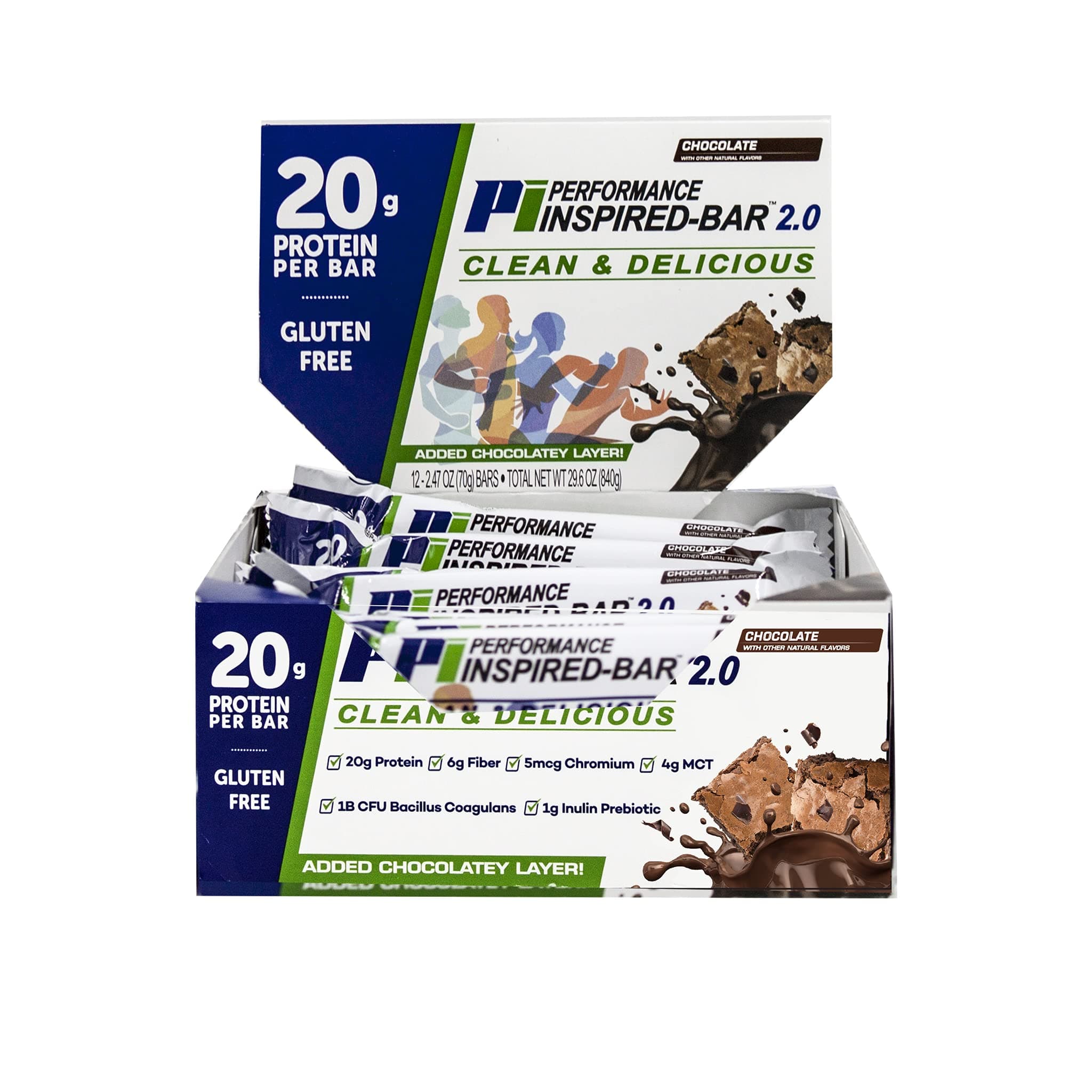 Performance Inspired Nutrition - Protein Bar 2.0 – Contains: 20G Protein - 6G Fiber - 4g MCTs - 1 Billion CFU Probiotics – 1G Prebiotics - G Free – BIG 70g bar - Chocolate 12-Ct. Box