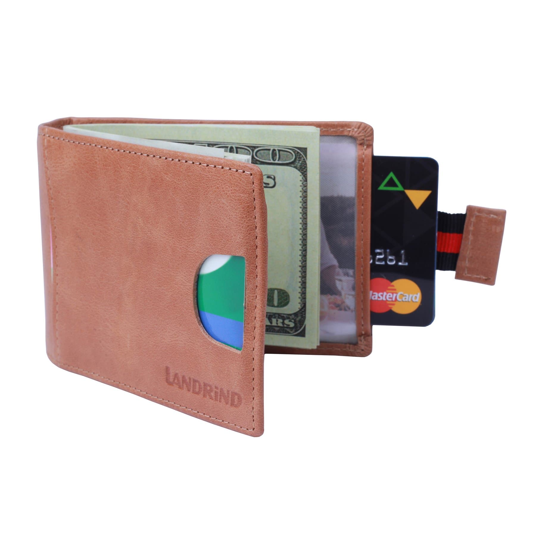 LANDRiND RFID Blocking Genuine Full Grain Leather Front Pocket Slim Bifold Wallets with Money Clip and Pull Tab Design for Men