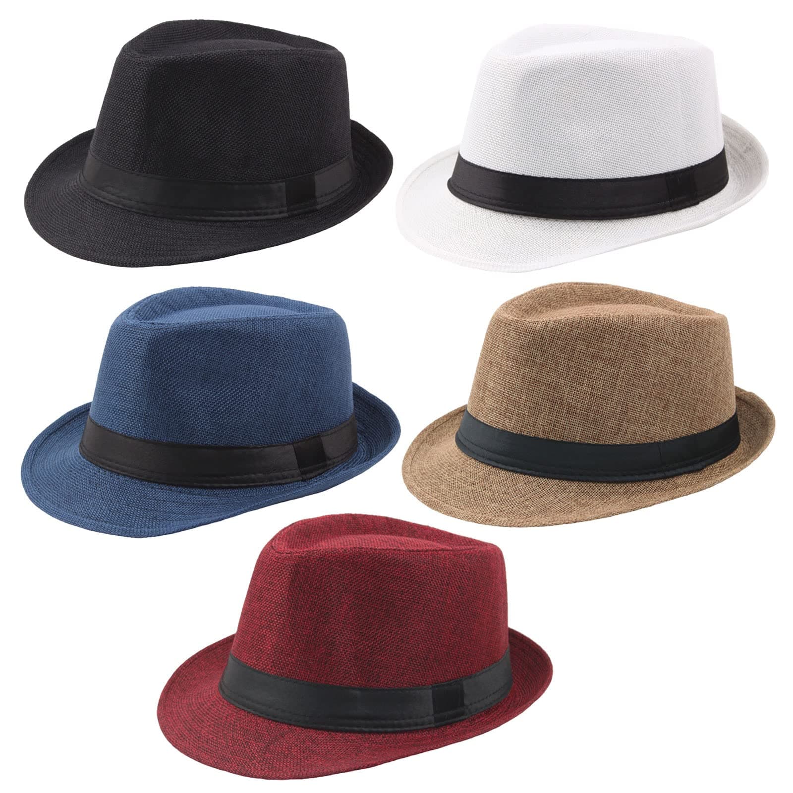 Ultrafun 5 Pack Short Brim Fedora Classic Summer Beach Sun Hat Panama Cap for Men Women (Medium, 5Pack-Multicolor 1)