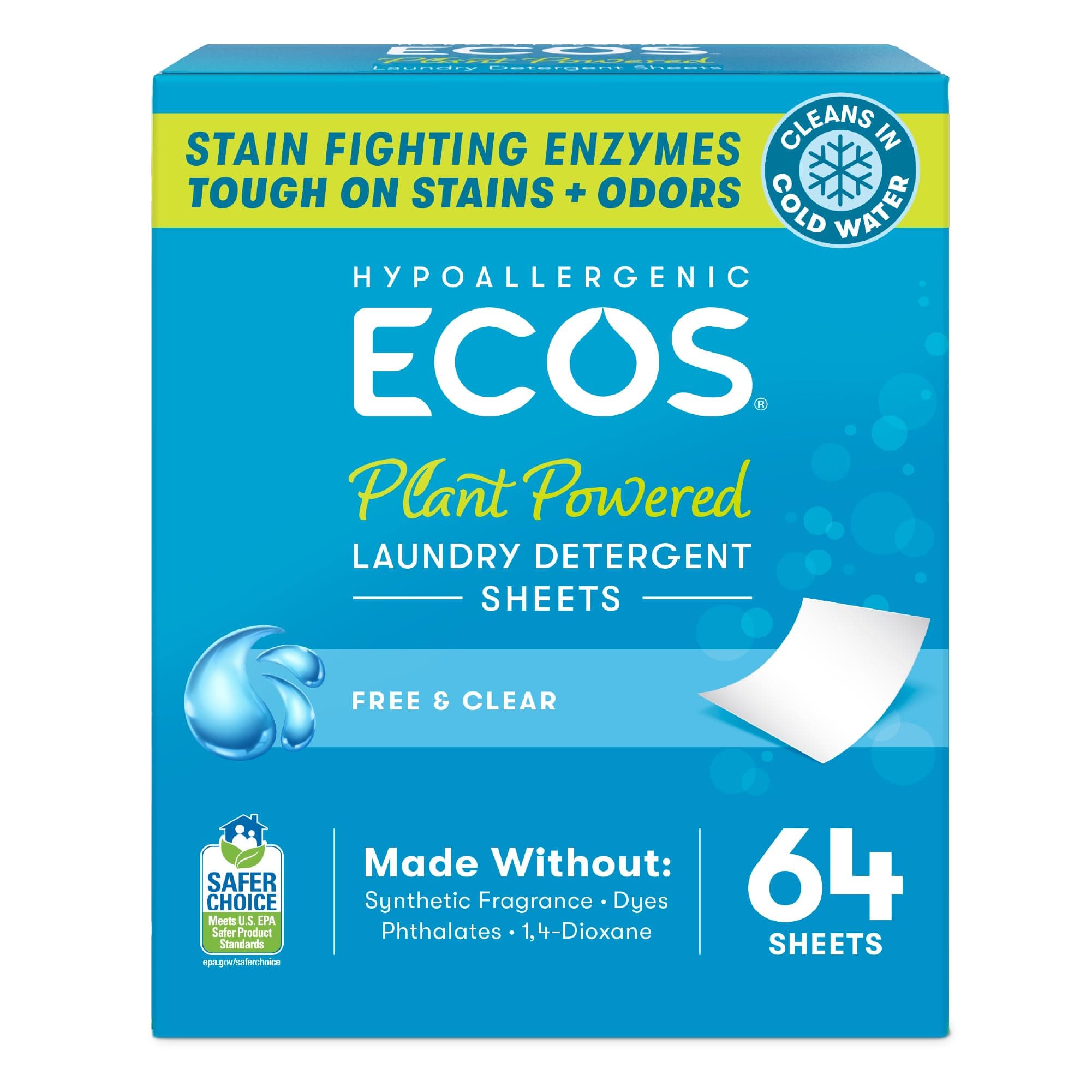 ECOS Laundry Detergent Sheets Vegan, No Plastic Jug, No Mess & Liquid Free - Hypoallergenic, Plant Powered Laundry Detergent Sheet - Free and Clear - 64 Count (Pack of 1)